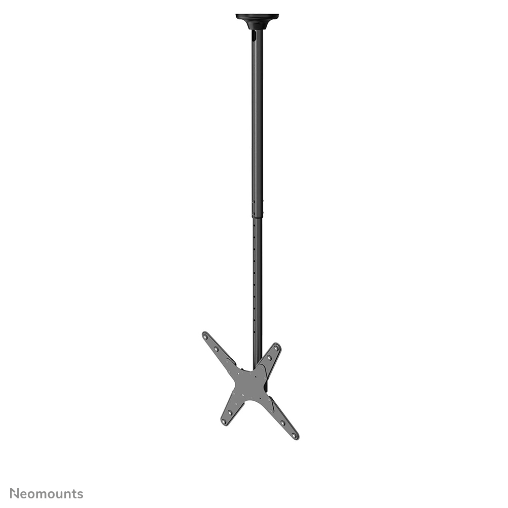 Een plafondbeugel voor een tv. Het heeft een zwarte paal en een zilveren, kruisvormige beugel voor de tv. De achtergrond is wit.