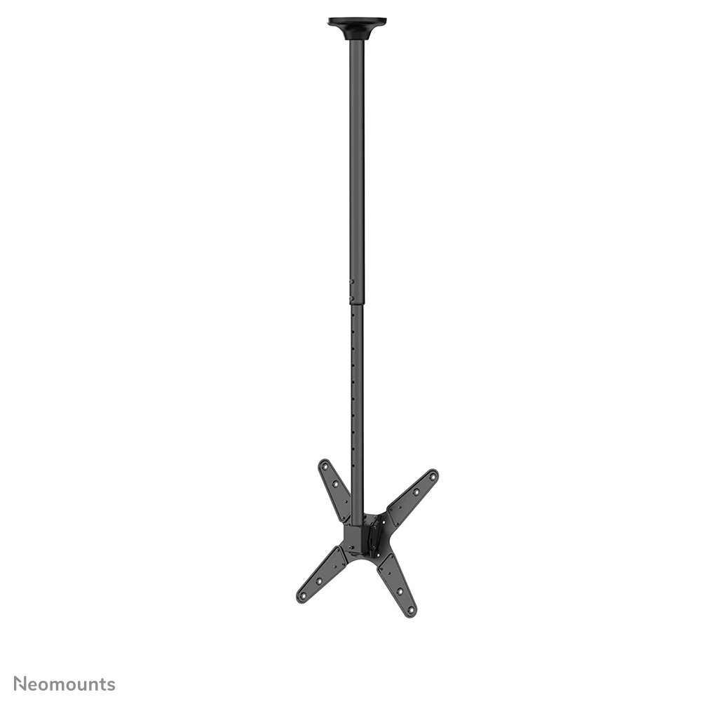 Een zwarte plafondbeugel voor een monitor. Het heeft een paal en een 4-puntige stervormige beugel. De achtergrond is wit.