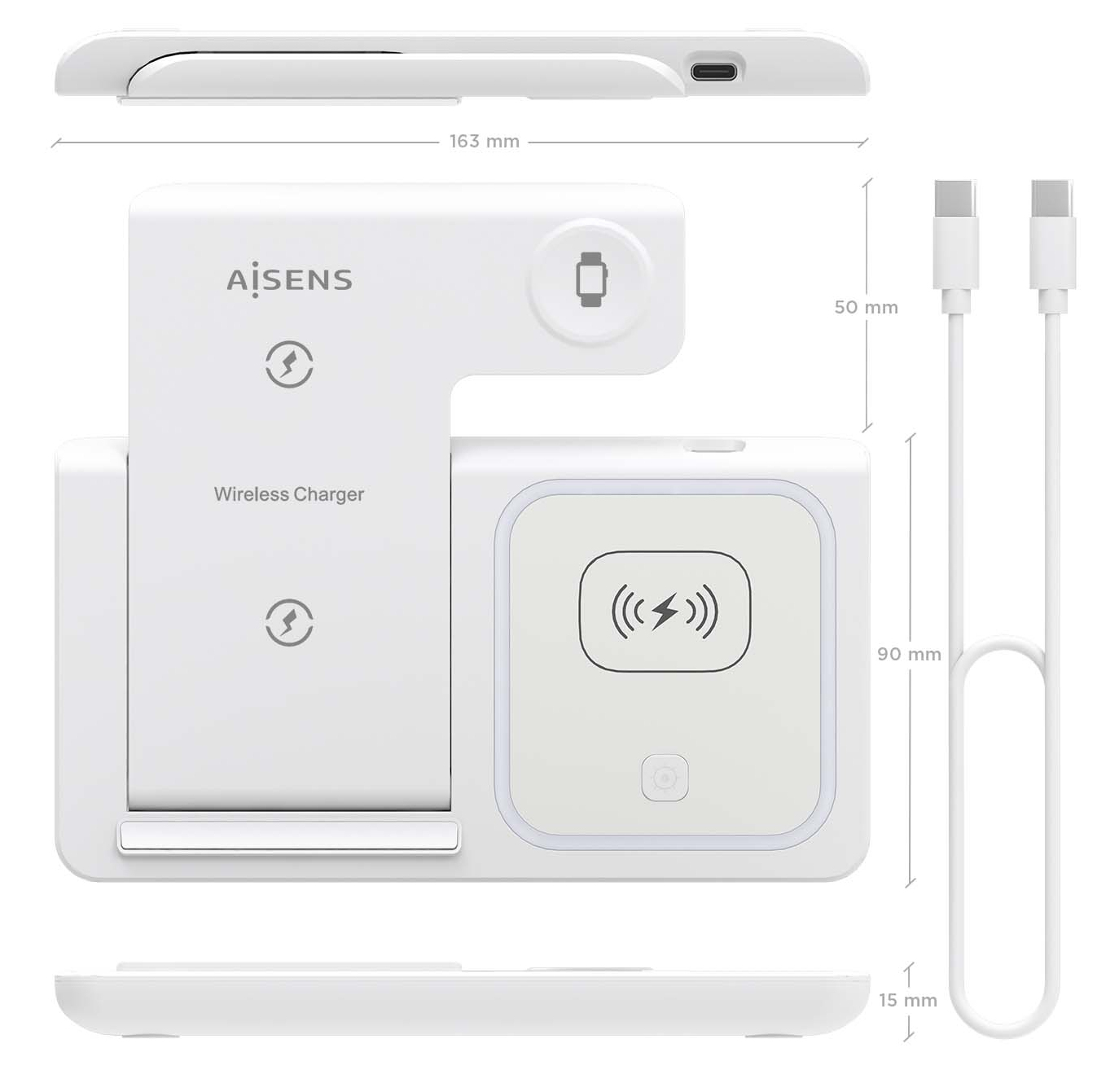 Weißes kabelloses Ladegerät mit Abmessungen, einem Ladekabel und einer Ladestation für Uhren. Text: AİSENS, Wireless Charger.