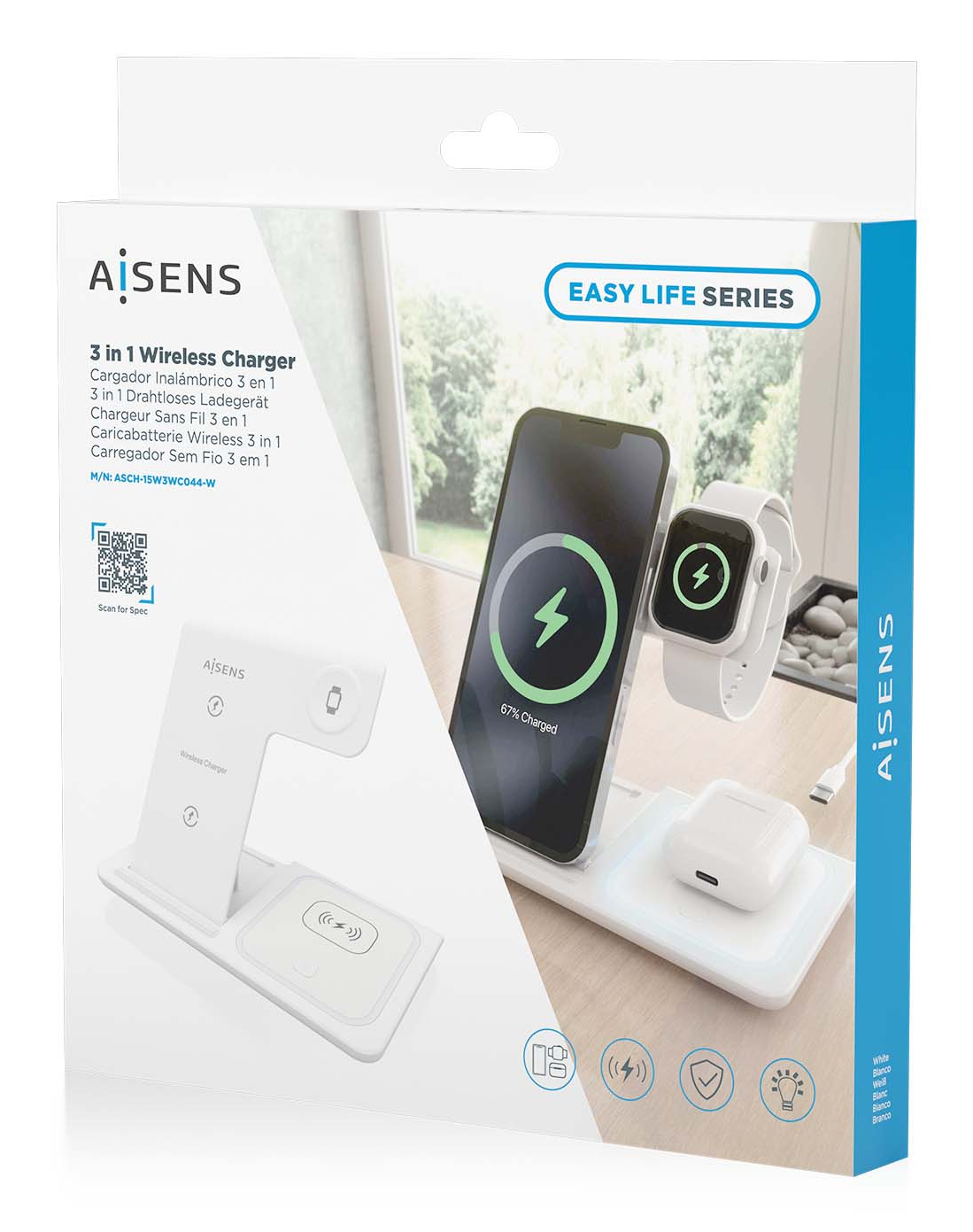 Ein weißes kabelloses Ladegerät mit einem Telefon, einer Uhr und Ohrhörern, die geladen werden. Die Box zeigt das Ladegerät und den Text 'Easy Life Series'.