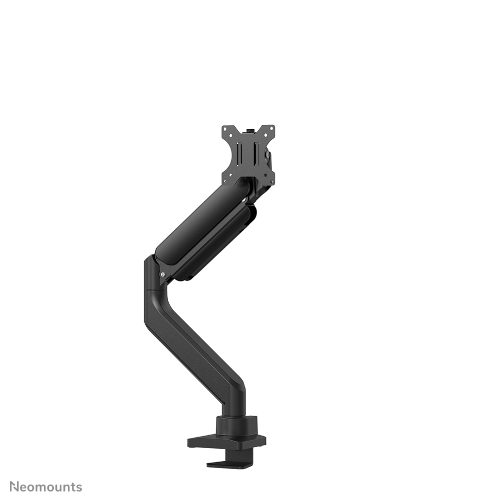 A black monitor arm is displayed against a white background. The arm is in a curved shape, with a clamp at the bottom.