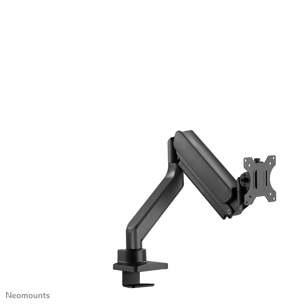 A black monitor arm, branded Neomounts, is angled against a white background. It consists of a clamp, arm, and mounting plate.