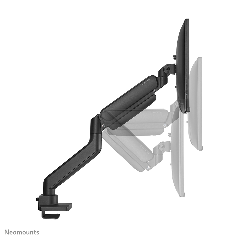 A black monitor arm with a screen attached. The arm is mounted on a white background with ghosted images of the arm.