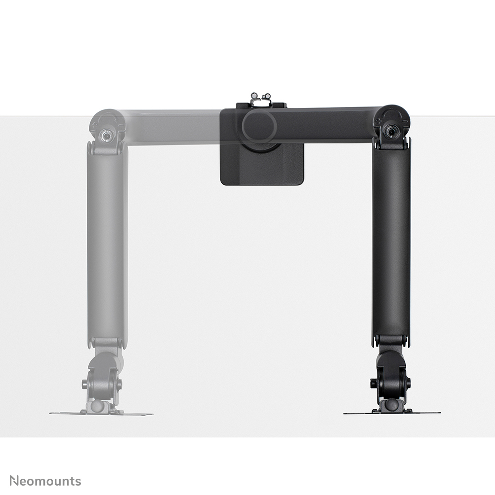 A black and gray monitor arm in a modern design, mounted against a white background. The arm is in a curved shape.