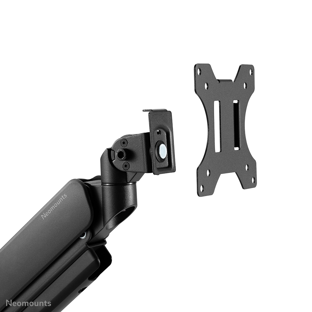 Black monitor mount components. A bracket and an articulated arm with the brand name 'Neomounts' visible on the arm.