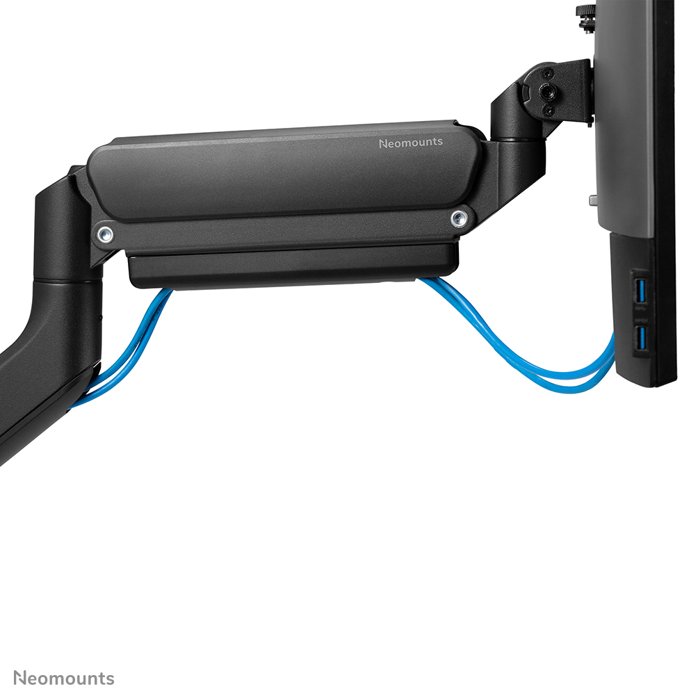 A black Neomounts monitor arm with blue cables, mounted to a black monitor. The background is white.