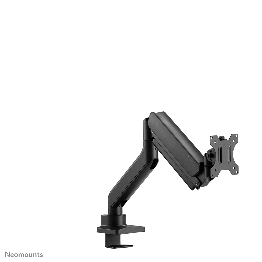 A black monitor arm, branded with Neomounts, is mounted on a white background. It's designed to hold a monitor.