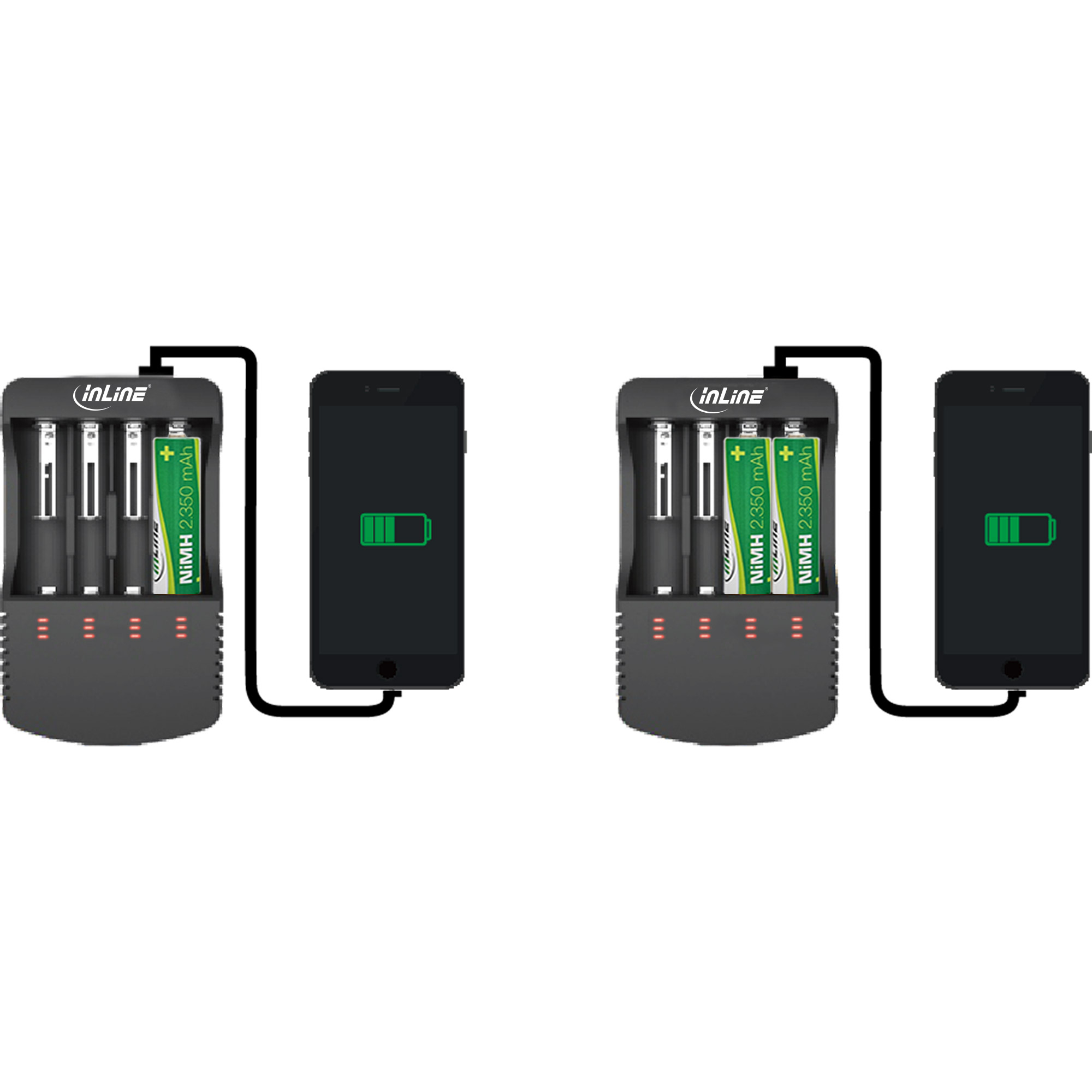 Zwei Ladegeräte mit Batterien, die mit Telefonen verbunden sind. Telefone zeigen Ladesymbole. Ladegeräte haben das Inline-Logo.