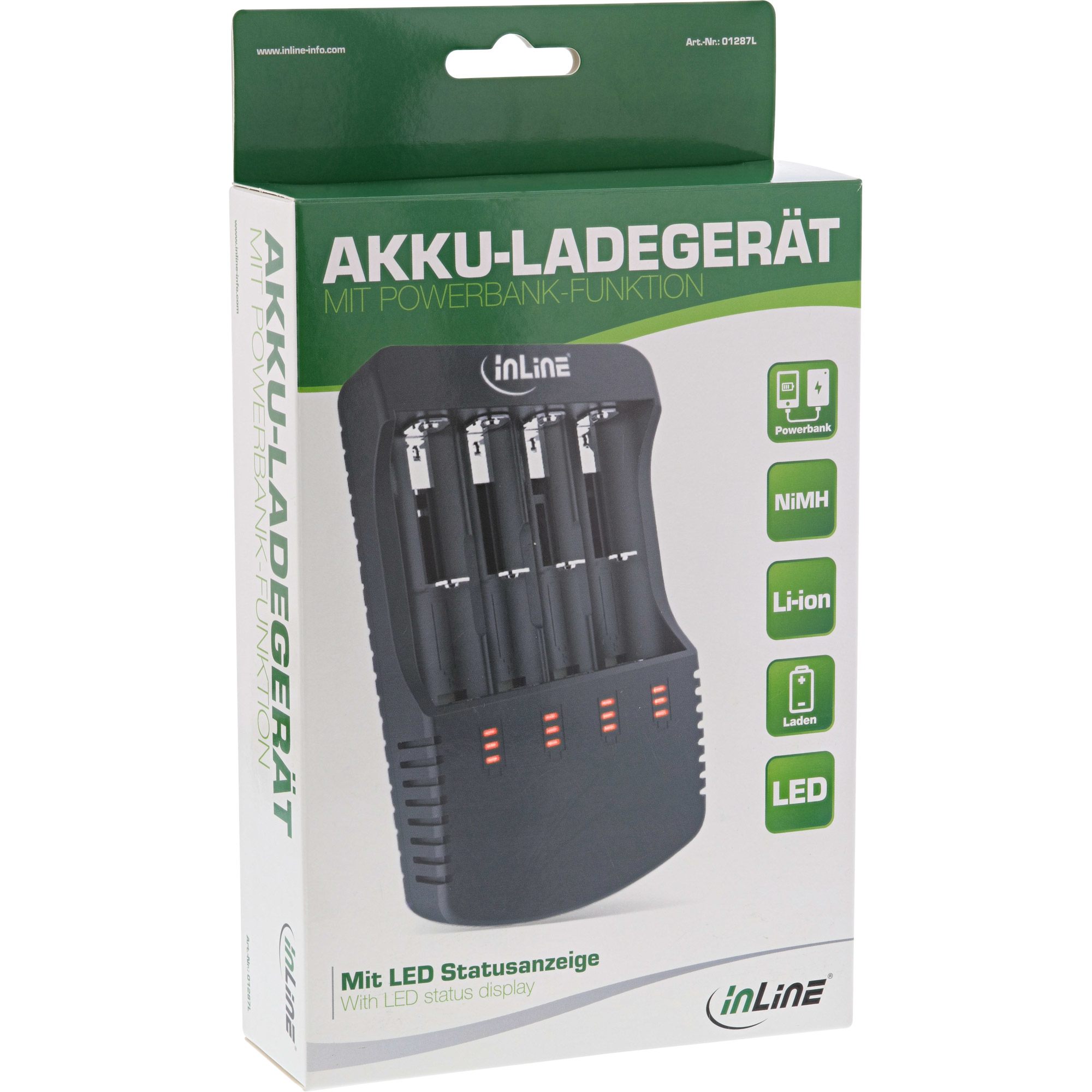Ein Batterieladegerät-Box mit Text 'AKKU-LADEGERÄT', einem Ladegerät und Symbolen für NiMH, Li-Ion und LED-Status.