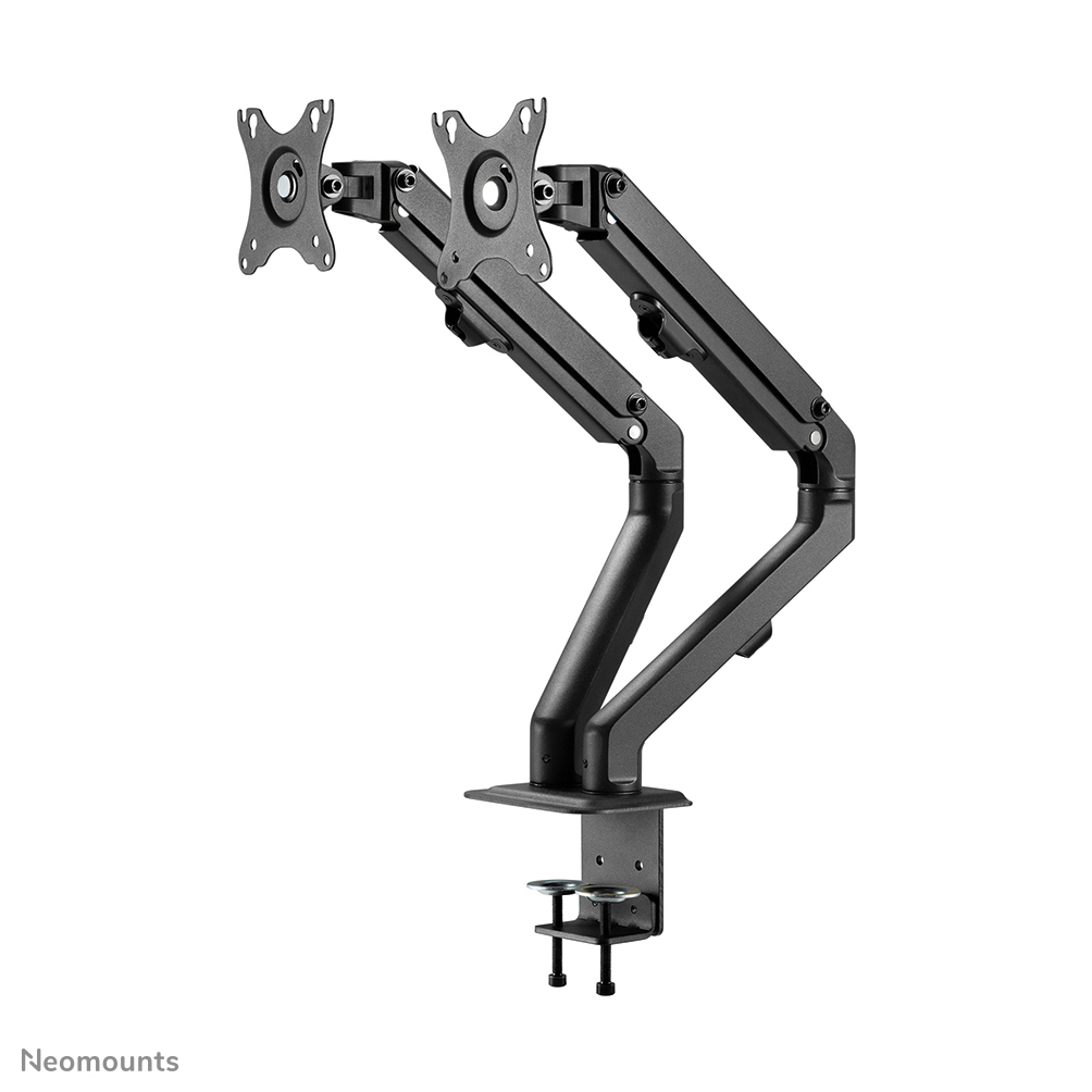 Ein schwarzer Doppelmonitorarm. Er hat zwei VESA-Halterungen und verstellbare Arme. Die Basis hat eine Klemme zur Schreibtischmontage.