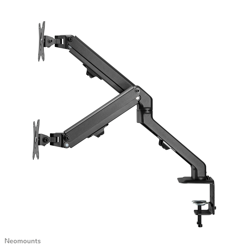 Auf weißem Hintergrund befindet sich ein schwarzer Doppelmonitorarm. Der Arm hat zwei VESA-Platten und eine Schreibtischklemme.