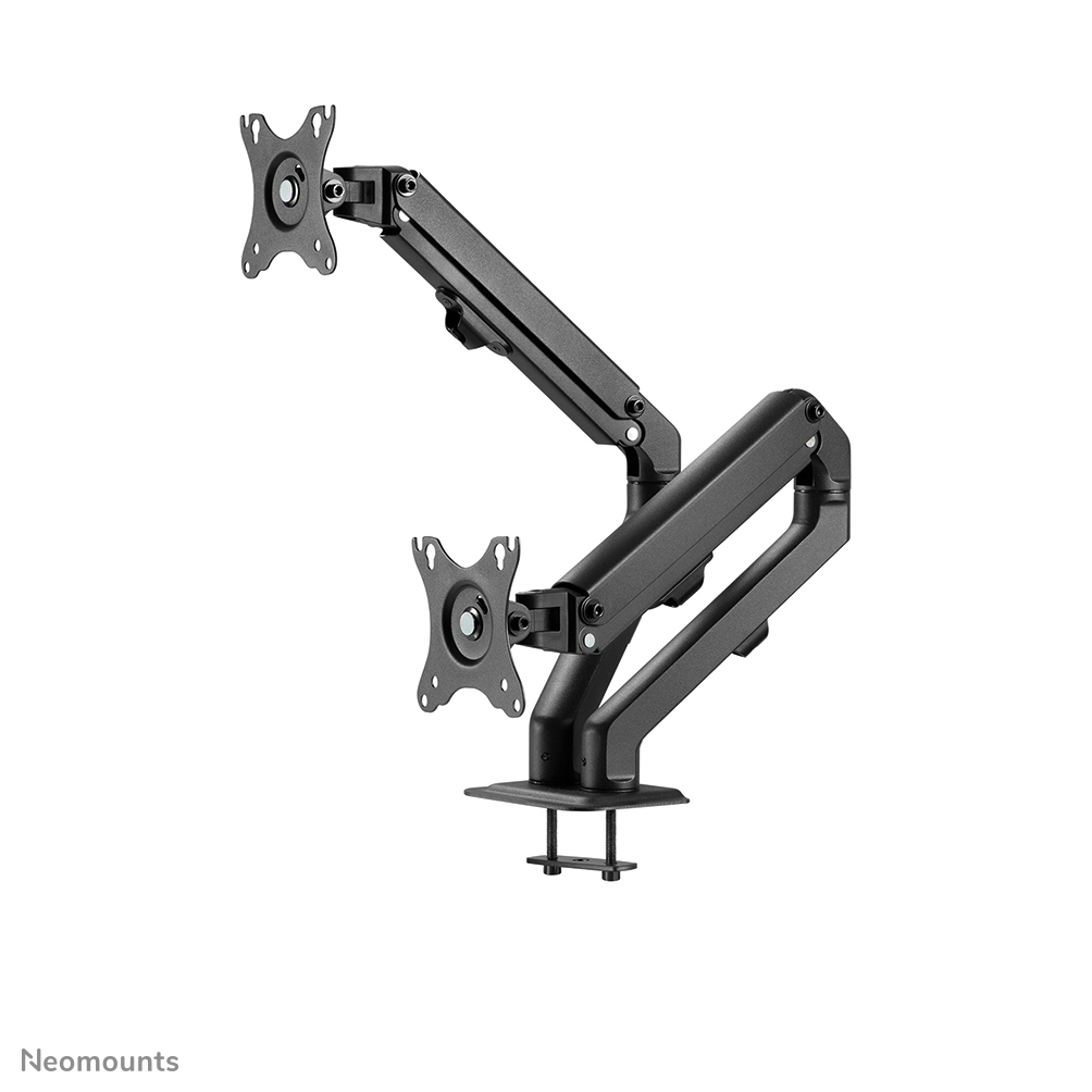 Ein schwarzer Doppelmonitorarm auf weißem Hintergrund. Jeder Arm hält eine Monitorhalterung. Die Basis ist eine Klemme.