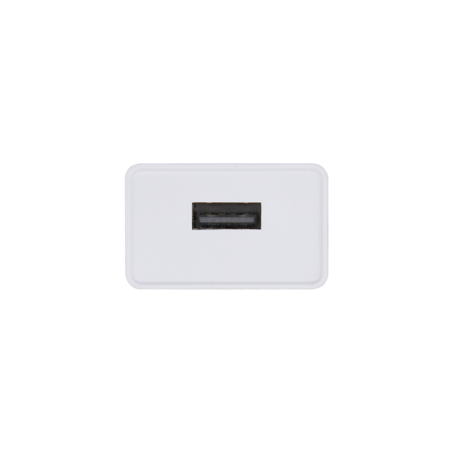 Un cargador USB blanco con un puerto USB negro. El cargador es rectangular con bordes redondeados, sobre un fondo blanco.