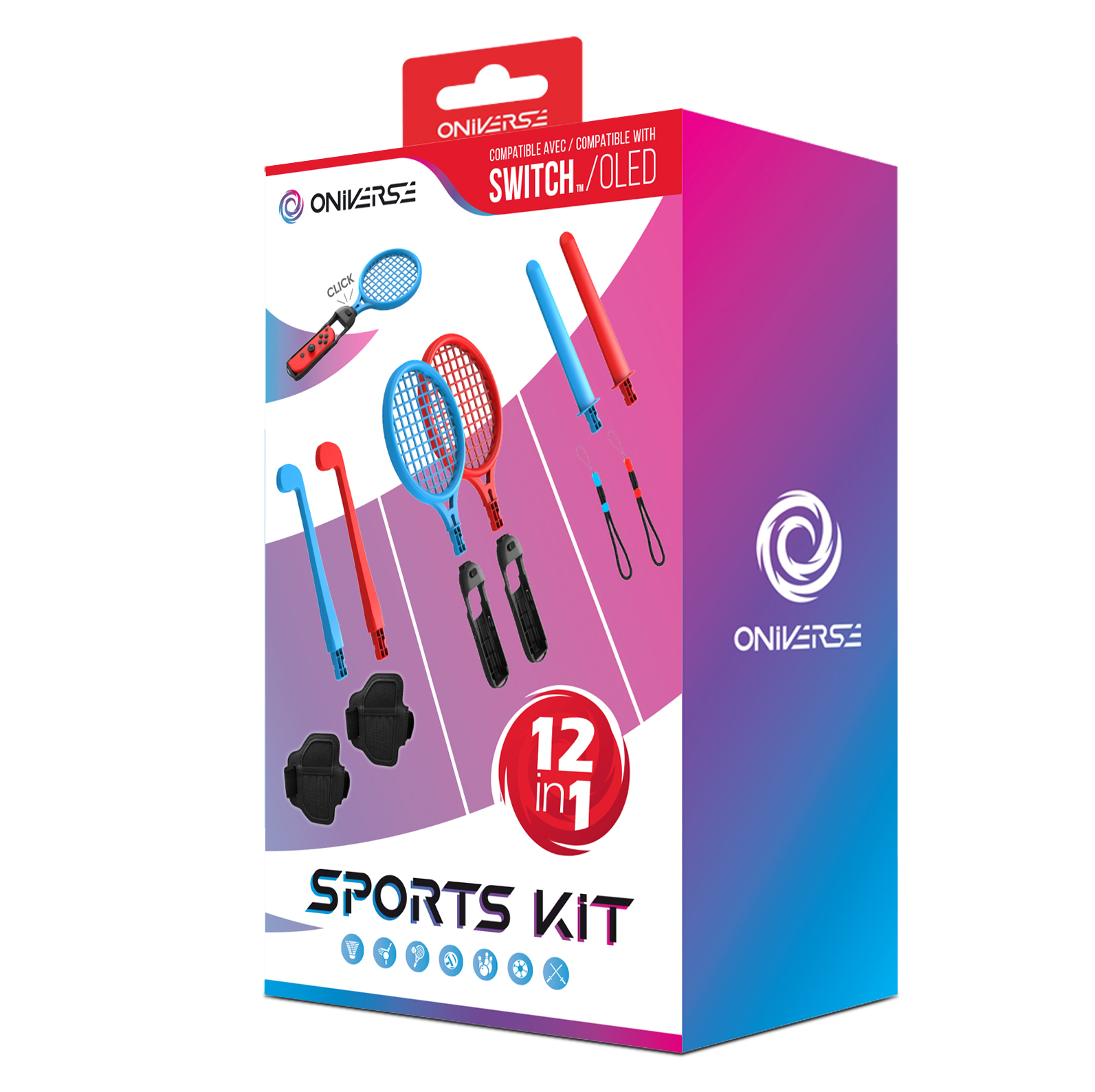Caja de un kit deportivo. Incluye mandos de juego, raquetas y otros accesorios. La caja tiene un fondo degradado.