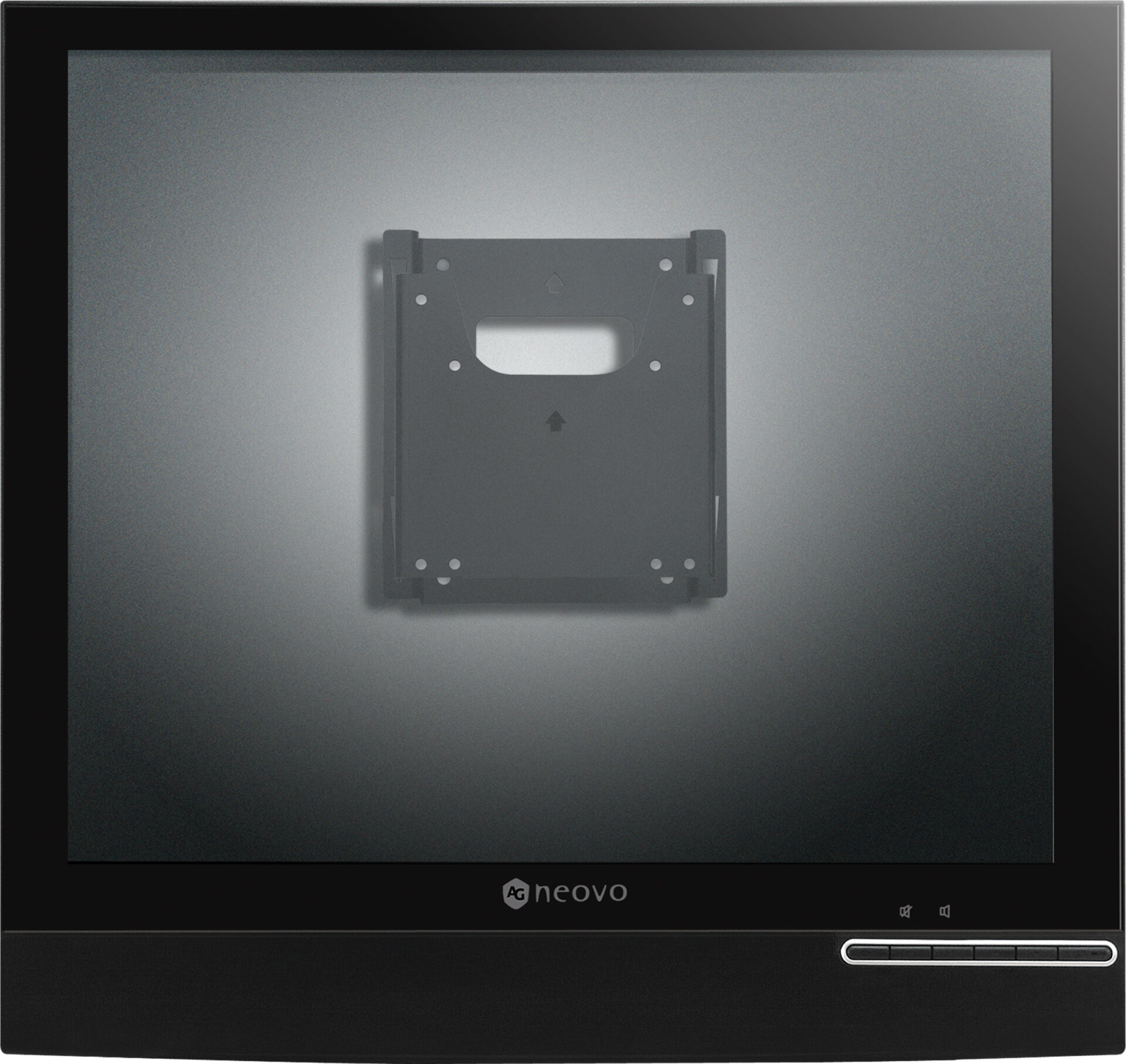 Ein Monitor mit Wandhalterung. Der Bildschirm ist schwarz. Die Halterung ist grau.