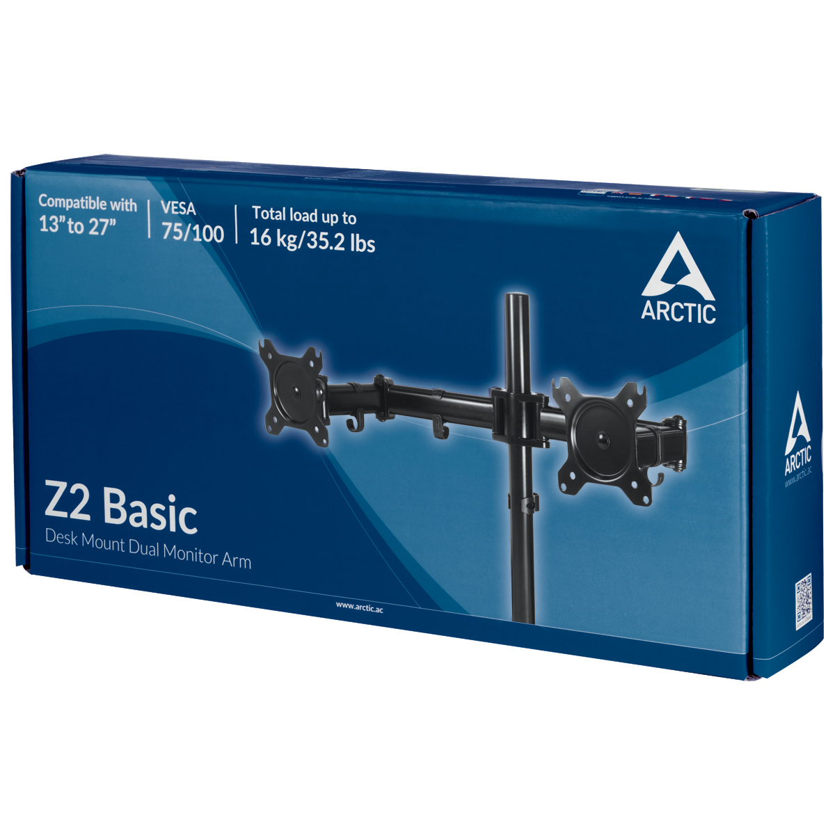 Doos toont een zwarte monitorarm, met het label Z2 Basic. Tekst luidt: Compatibel met 13" tot 27", VESA 75/100 en 16 kg/35.2 lbs.