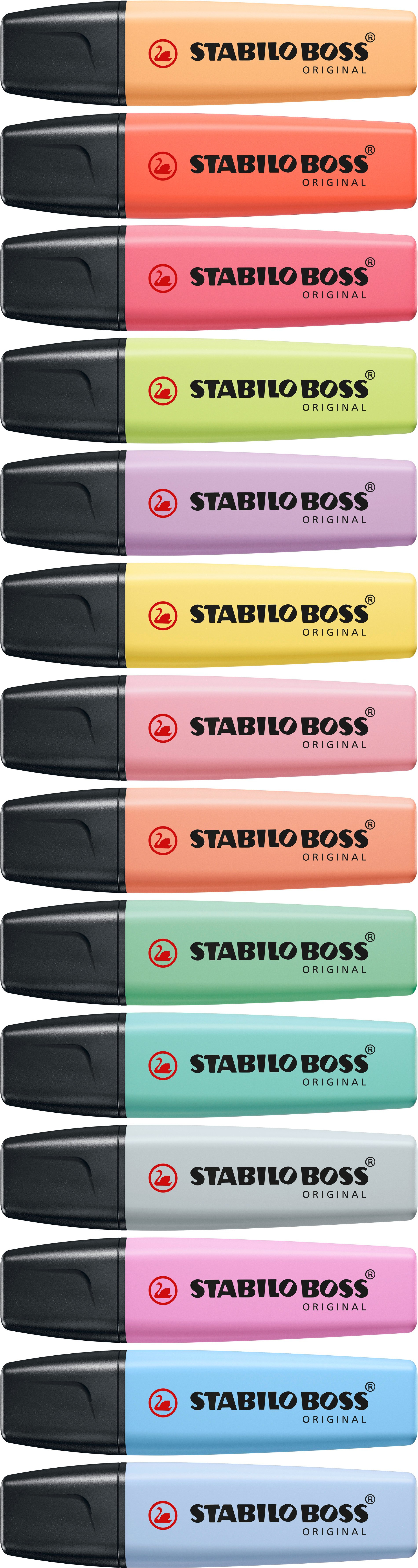 Das Bild zeigt zwölf STABILO BOSS Textmarker in verschiedenen Farben. Jeder hat eine schwarze Kappe und den Markennamen.