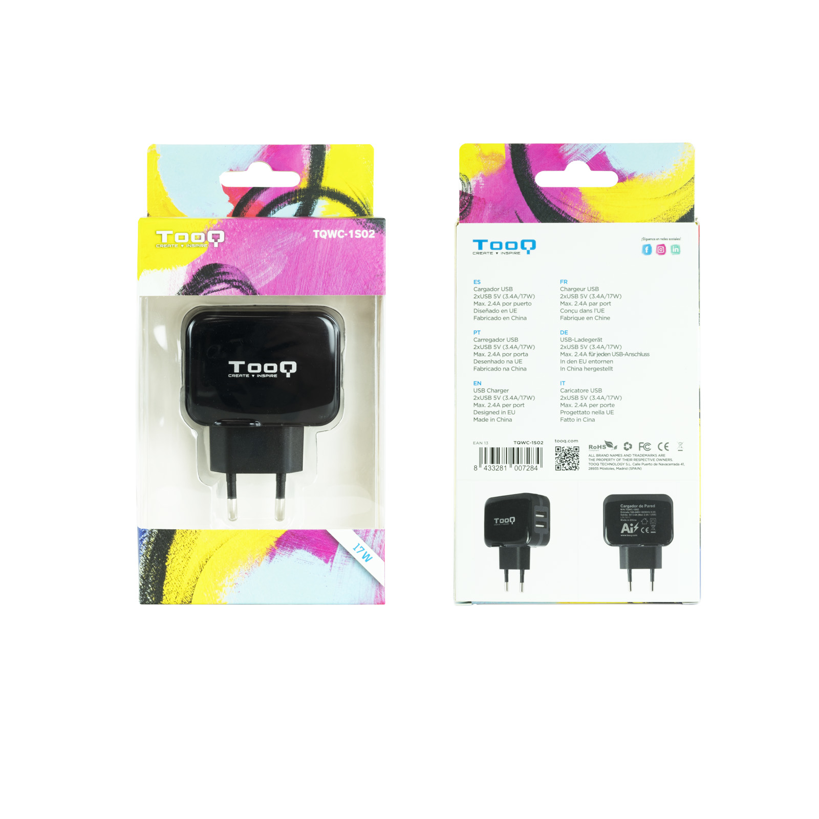 Un cargador USB negro en embalaje. El embalaje es blanco, rosa y azul, con información del producto.