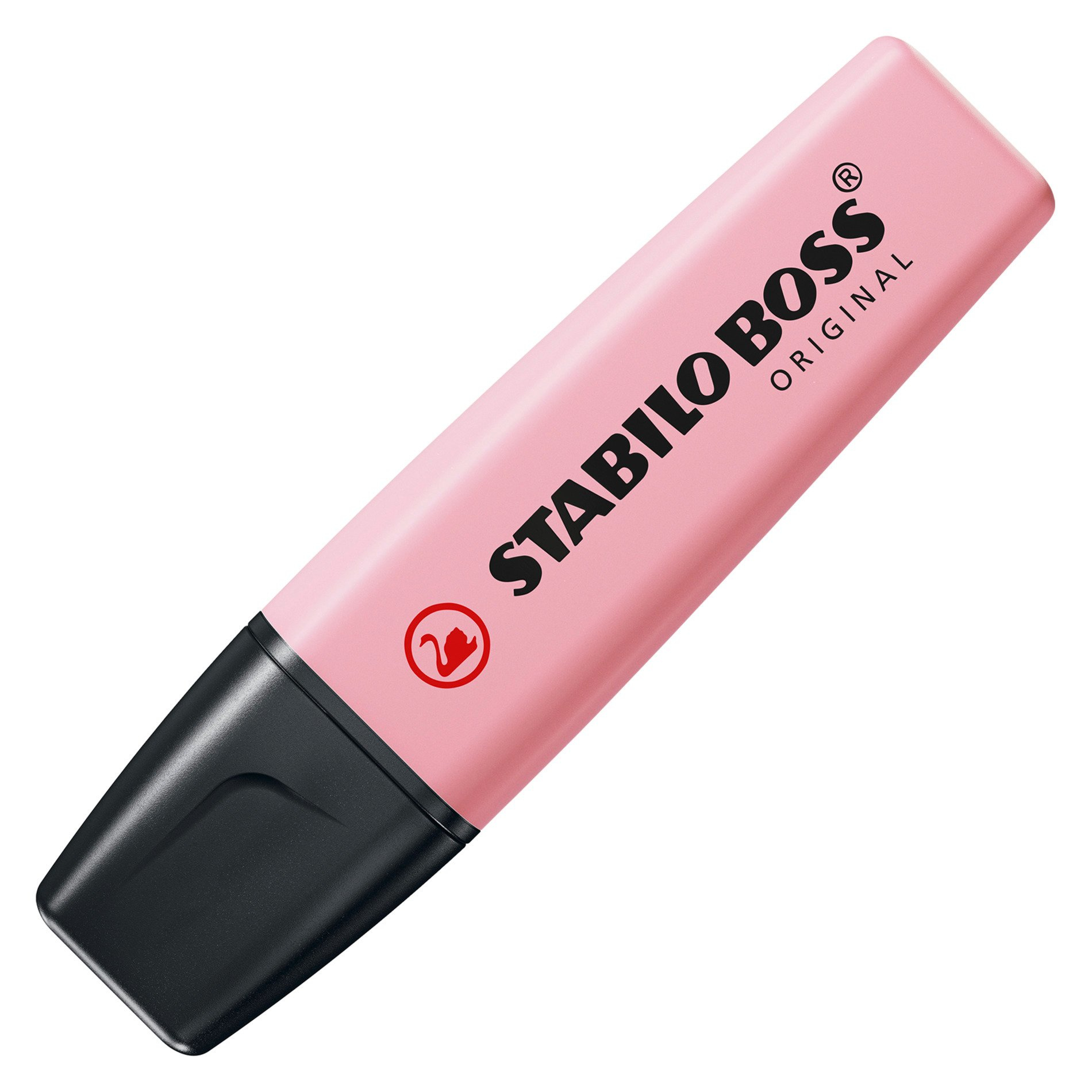Ein pinkfarbener Stabilo Boss Textmarker mit schwarzer Spitze. Der Text lautet 'Stabilo Boss Original'.