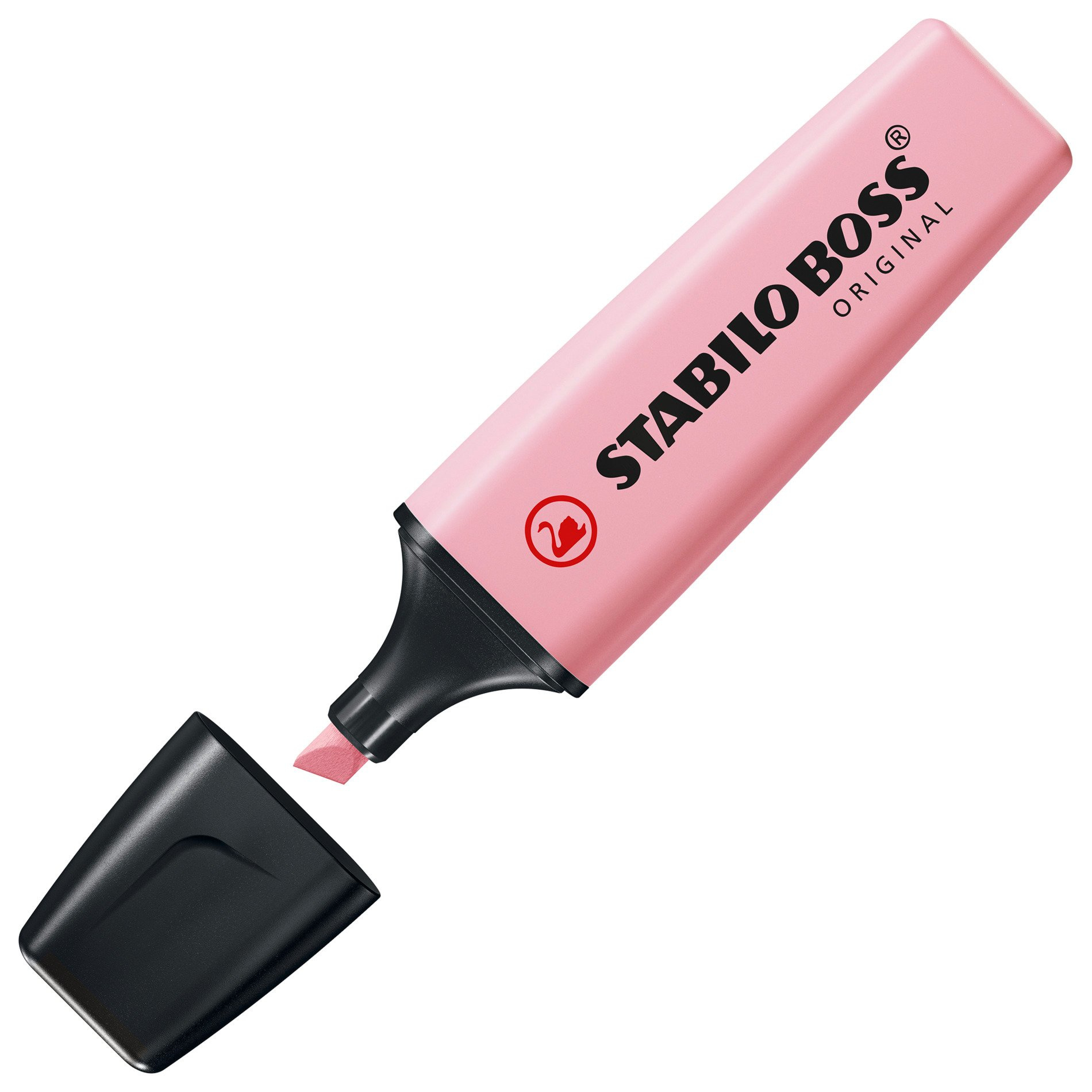 Ein pinkfarbener Textmarker mit schwarzen Akzenten. Die Kappe ist abgenommen und gibt die Spitze frei. Der Markenname ist sichtbar.