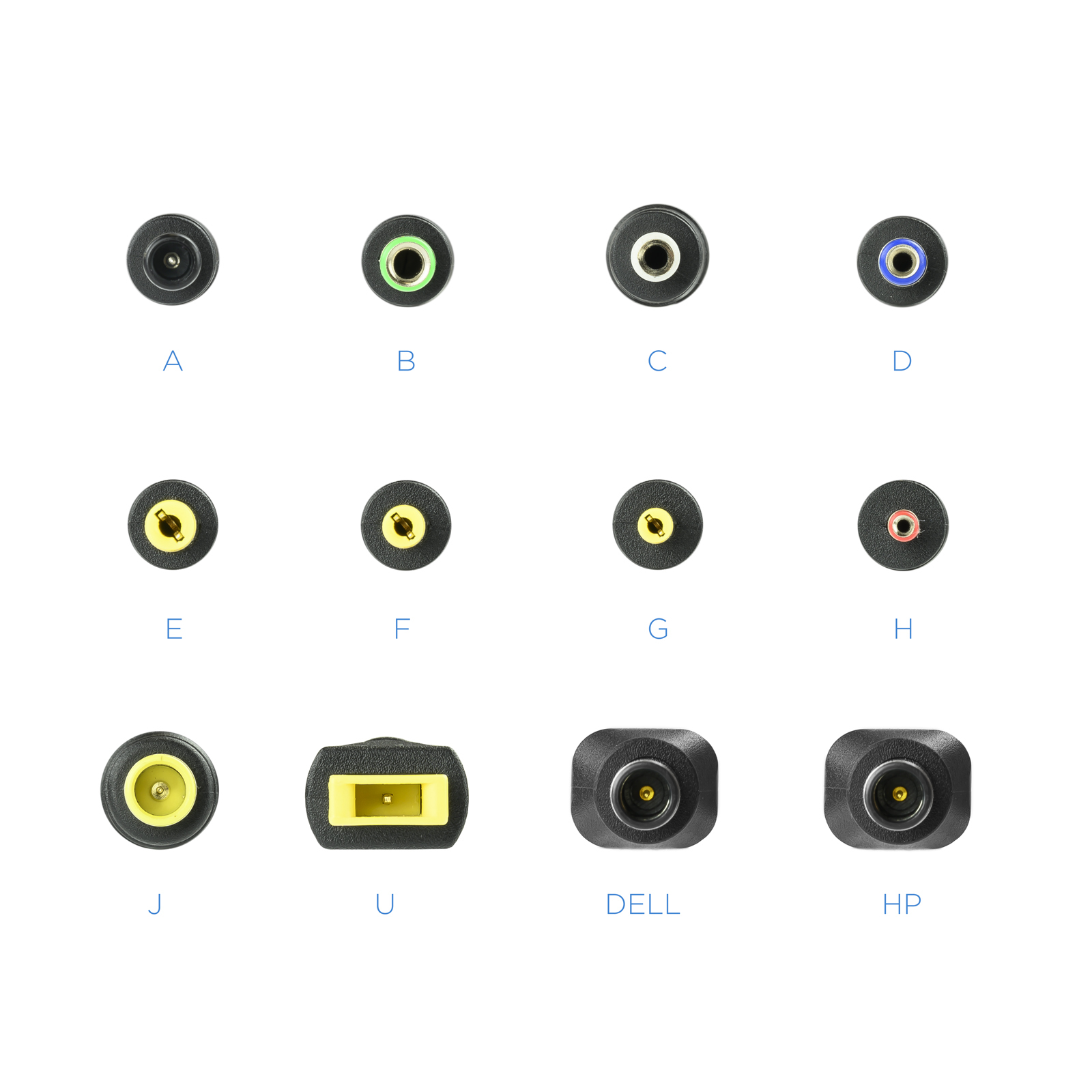 La imagen muestra varios conectores de adaptadores de corriente, incluidos tipos redondos y rectangulares, con anillos y pines internos de diferentes colores.