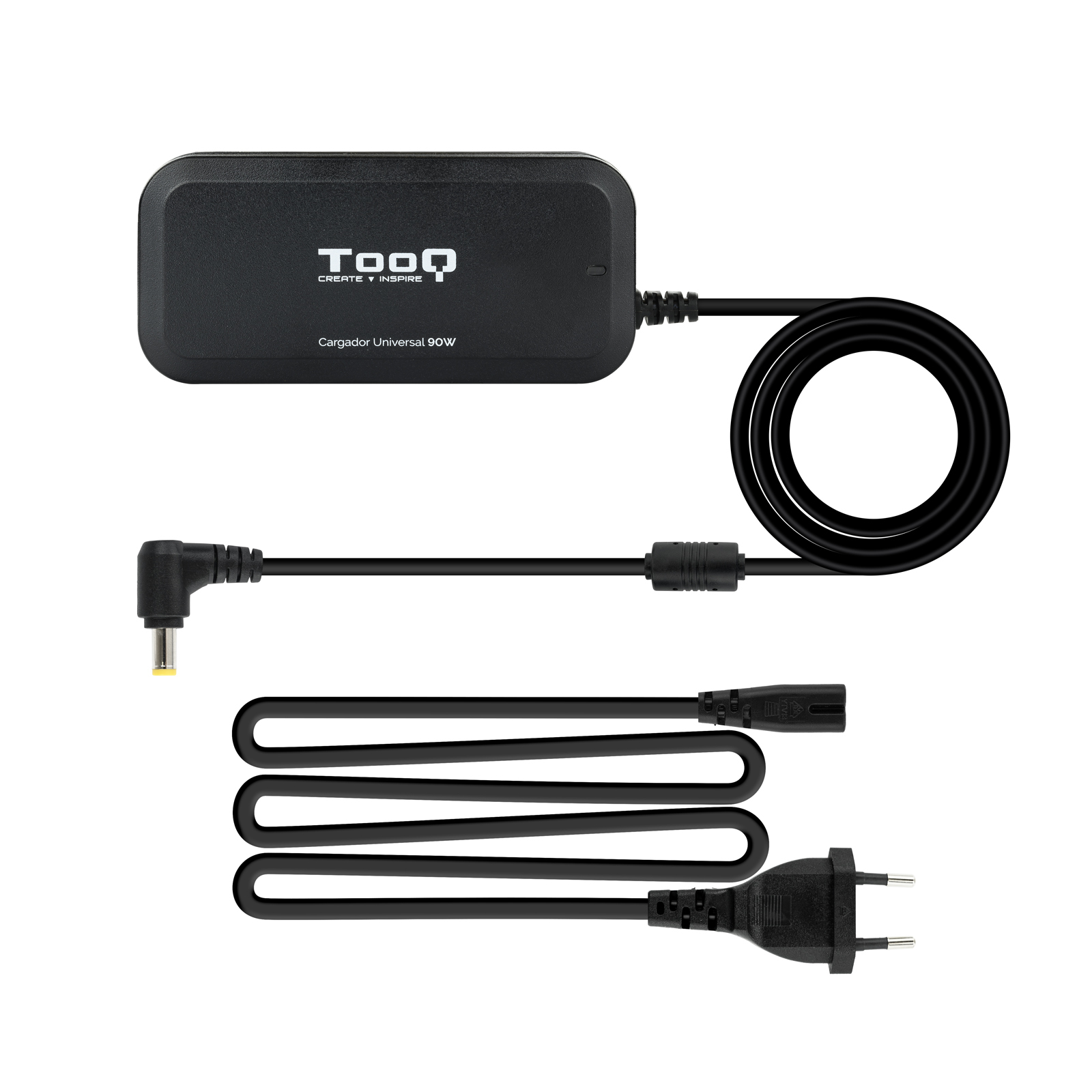 Cargador Tooq universal de 90W negro con cables y enchufe. El cable está enrollado. Fondo blanco.