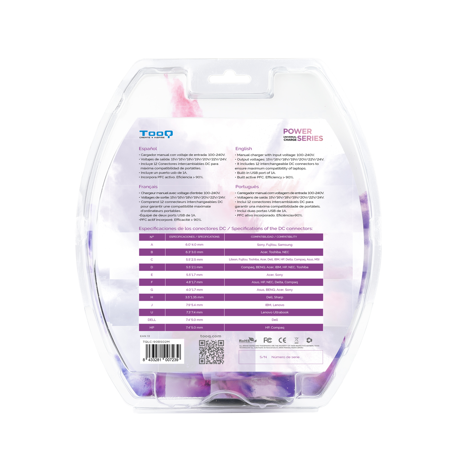Paquete plástico transparente con adaptador de corriente, detalles y especificaciones impresos en tarjeta blanca.