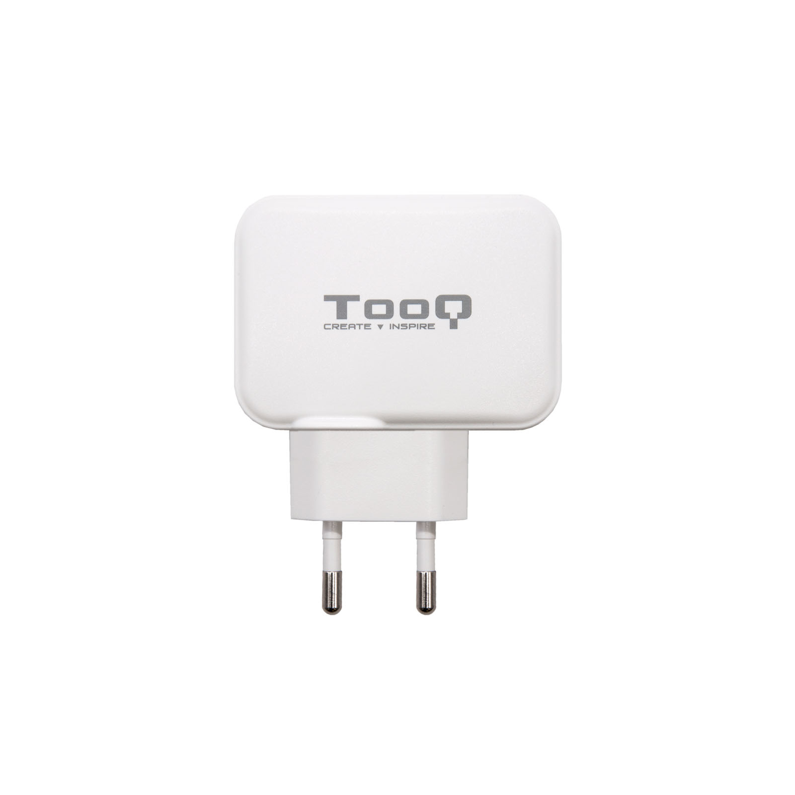 Un cargador Tooq blanco con el logo 'Tooq, Create & Inspire' sobre fondo blanco.