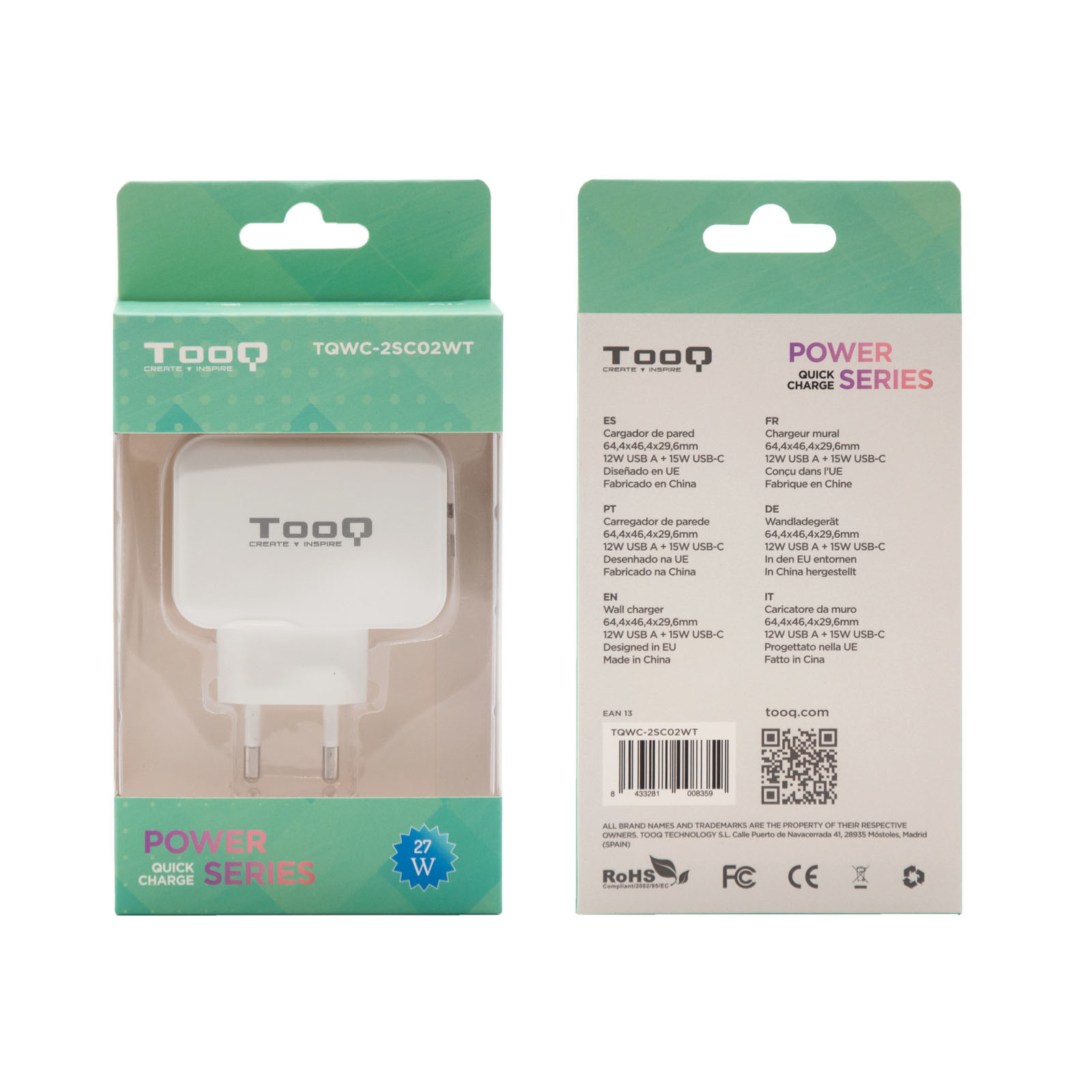 Una caja blanca del cargador de pared Tooq con detalles del producto y una potencia de 27W.