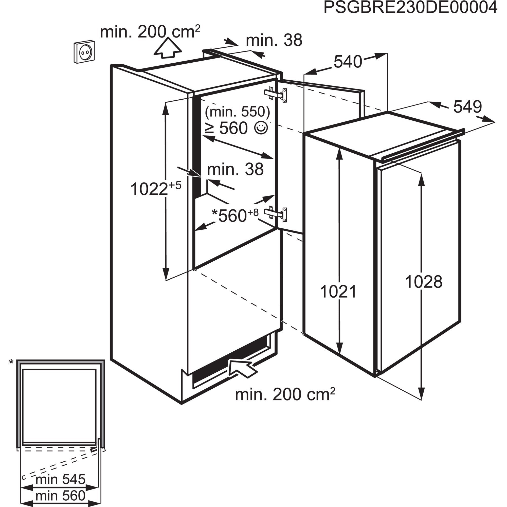 Diagramma di un frigorifero con dimensioni in millimetri. Include una presa di corrente e indicatori di dimensioni.