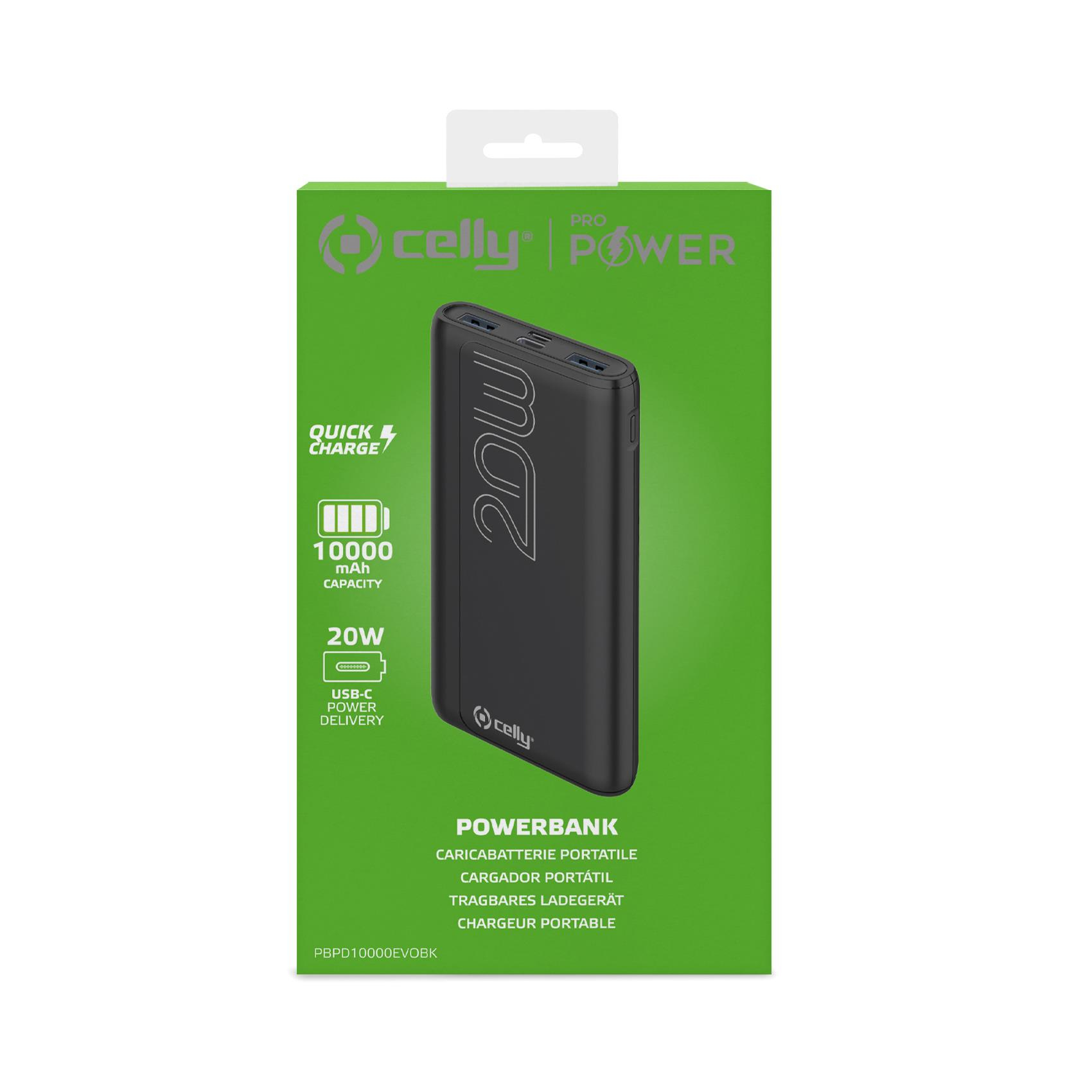 Una scatola di power bank. È nera con sfondo verde. Ha il logo Celly e legge 'Powerbank' e '20W'.