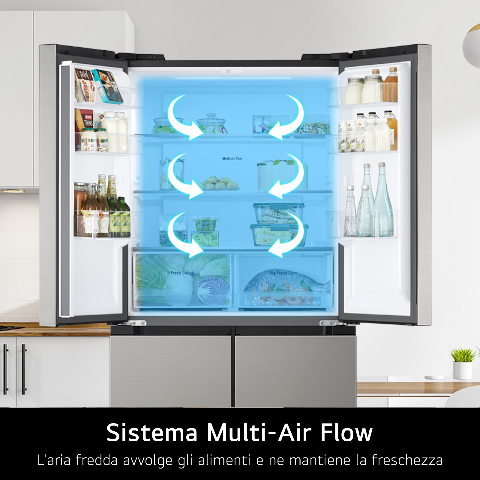 Frigorifero aperto con cibo, che mostra il flusso d'aria. Contiene verdure, pesce e altri alimenti. Testo: Multi-Air Flow.