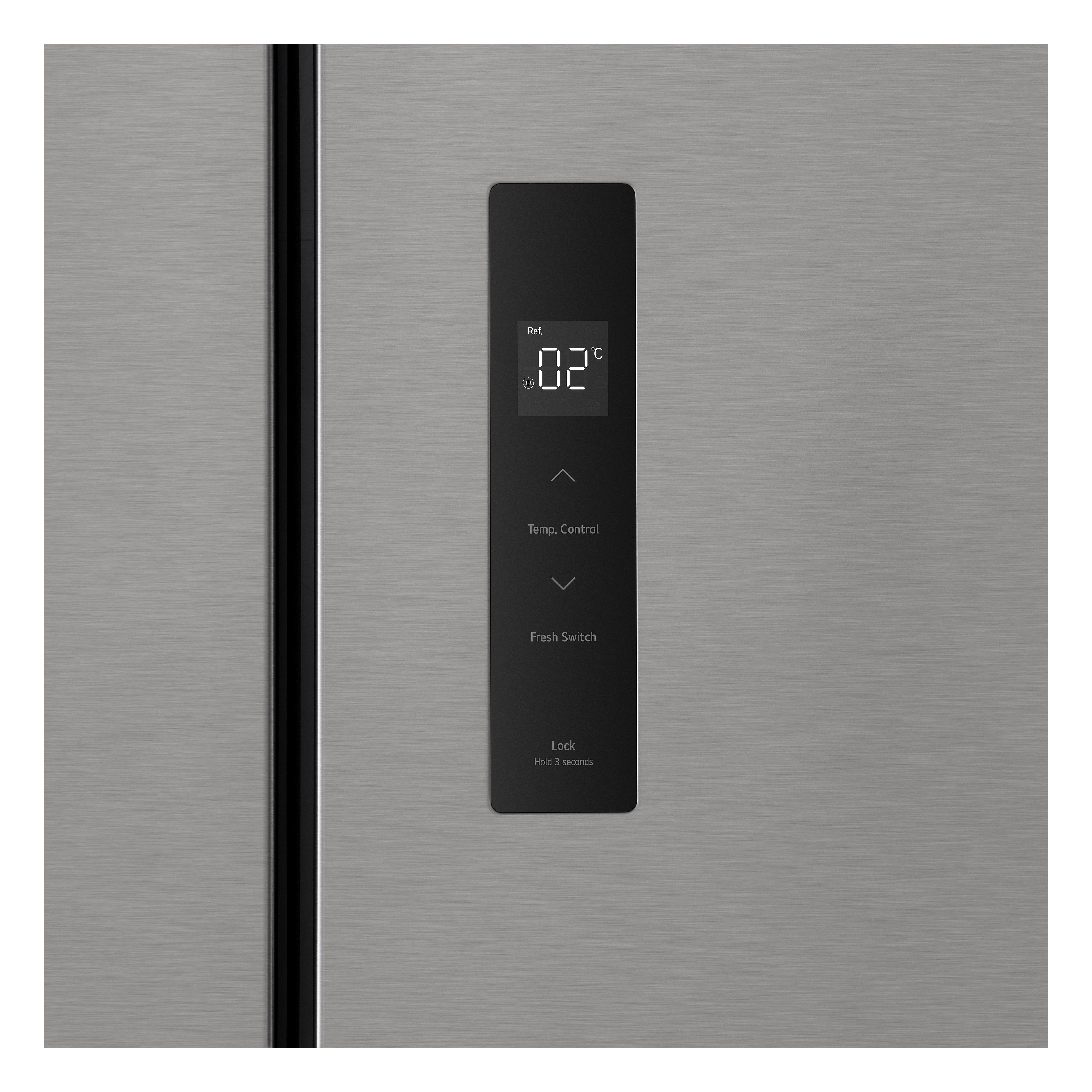 Una porta del frigorifero con un pannello di controllo digitale che mostra la temperatura. La porta è grigio argento.