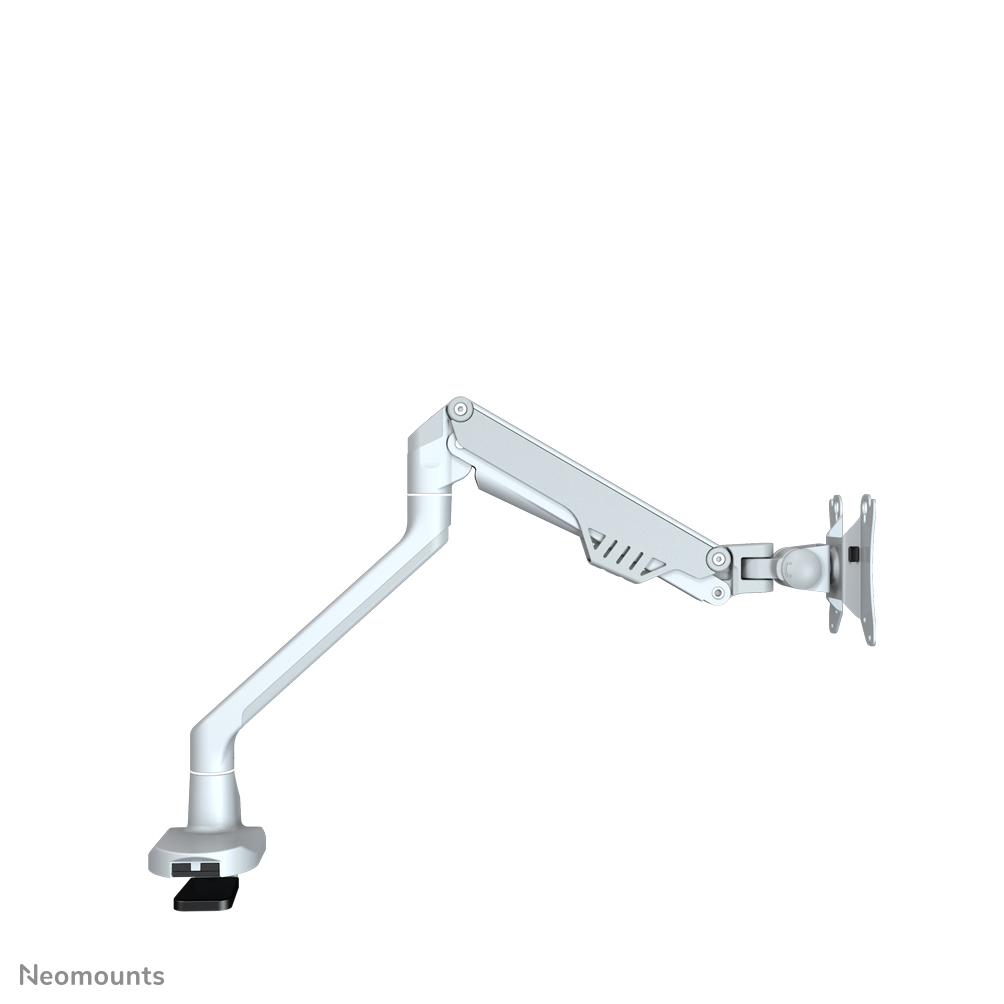 Een witte monitorarm met meerdere gewrichten en een klem. Het is ontworpen om een monitor vast te houden. De achtergrond is wit.