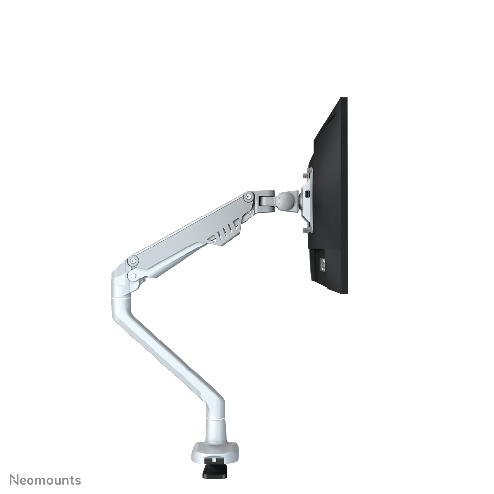 Een witte monitorarm die een zwarte monitor vasthoudt. De arm is gemonteerd op een witte basis. De achtergrond is wit.
