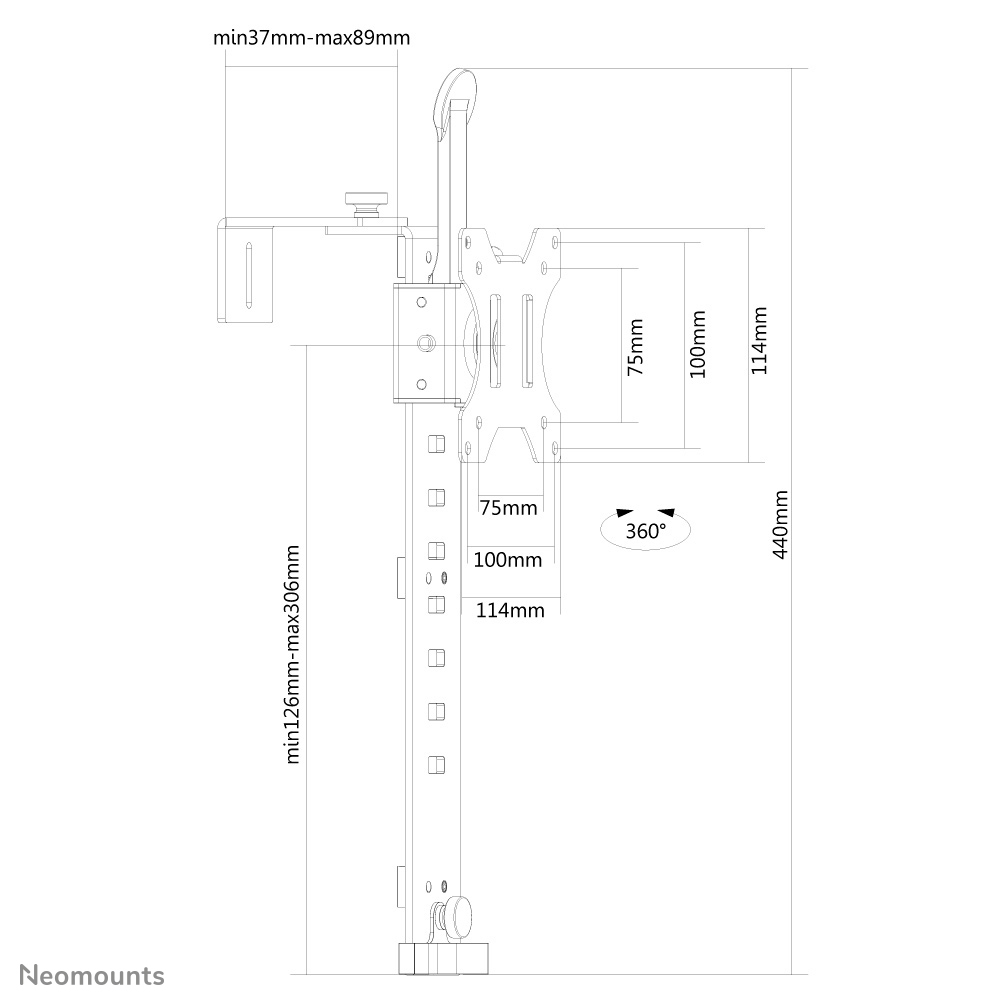 Een wit diagram van een tv-beugel met afmetingen. Het bevat metingen in millimeters, zoals 75 mm, 100 mm en 114 mm.