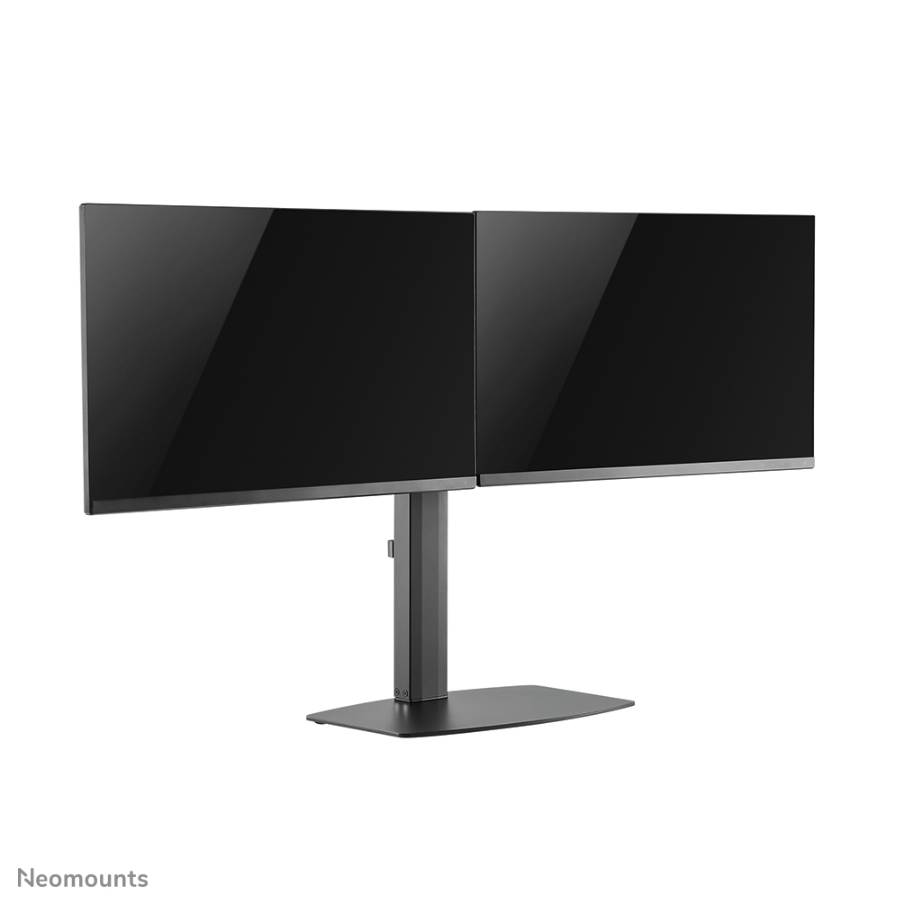 Twee zwarte computermonitoren gemonteerd op een grijze standaard, tegen een witte achtergrond.