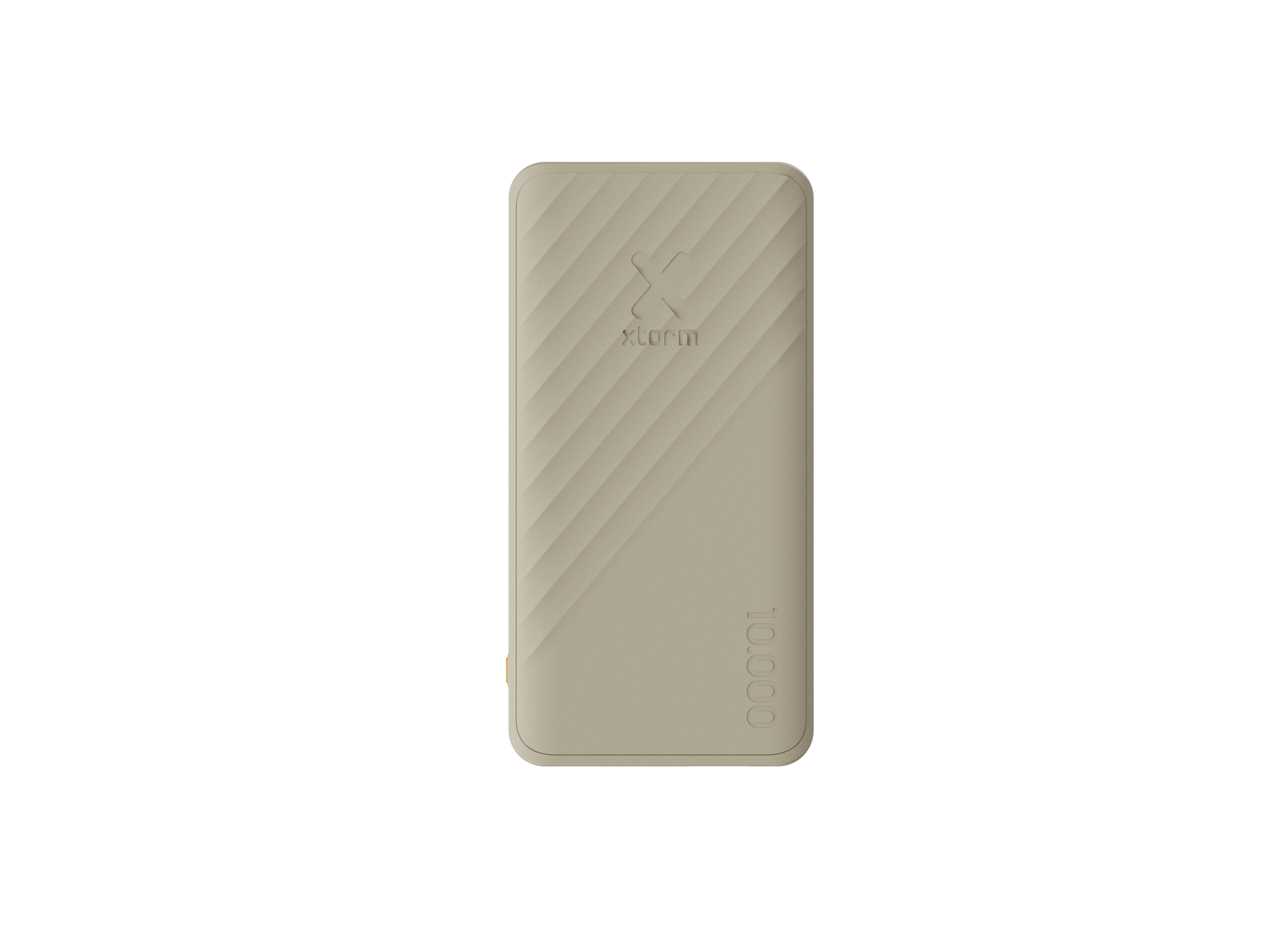 Une batterie externe beige rectangulaire avec une surface texturée. Le logo de la marque et la capacité sont visibles. Le fond est blanc.