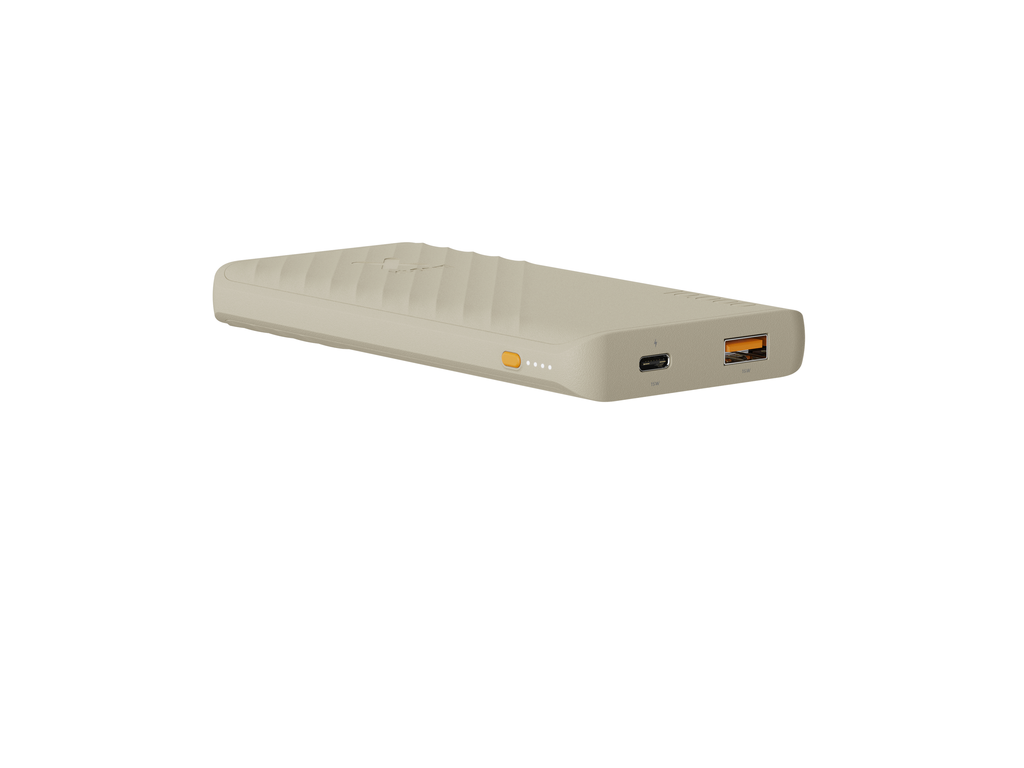 Une batterie externe beige avec des touches d'orange et des ports de chargement. Elle est rectangulaire et a une surface texturée.