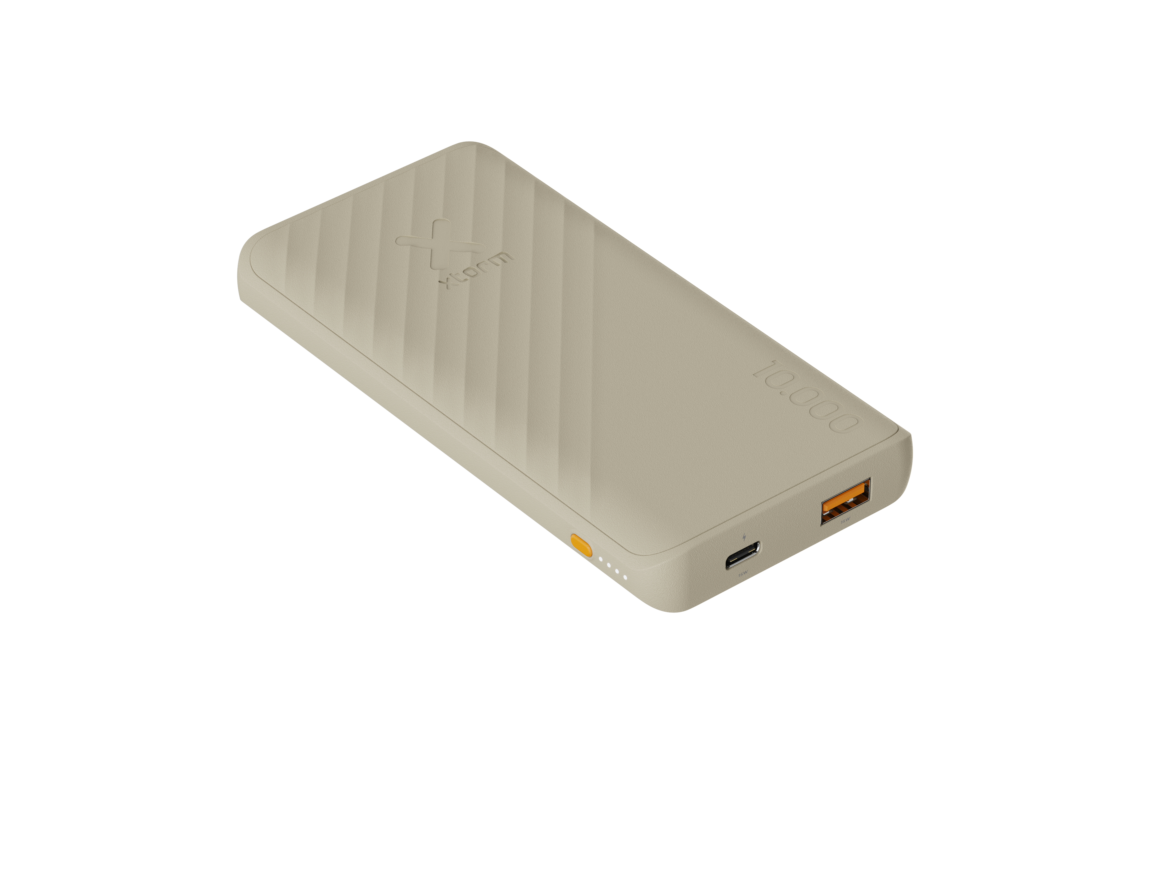 Une banque d'alimentation beige avec le mot 'xorm'. Il possède un port USB et un port de charge.