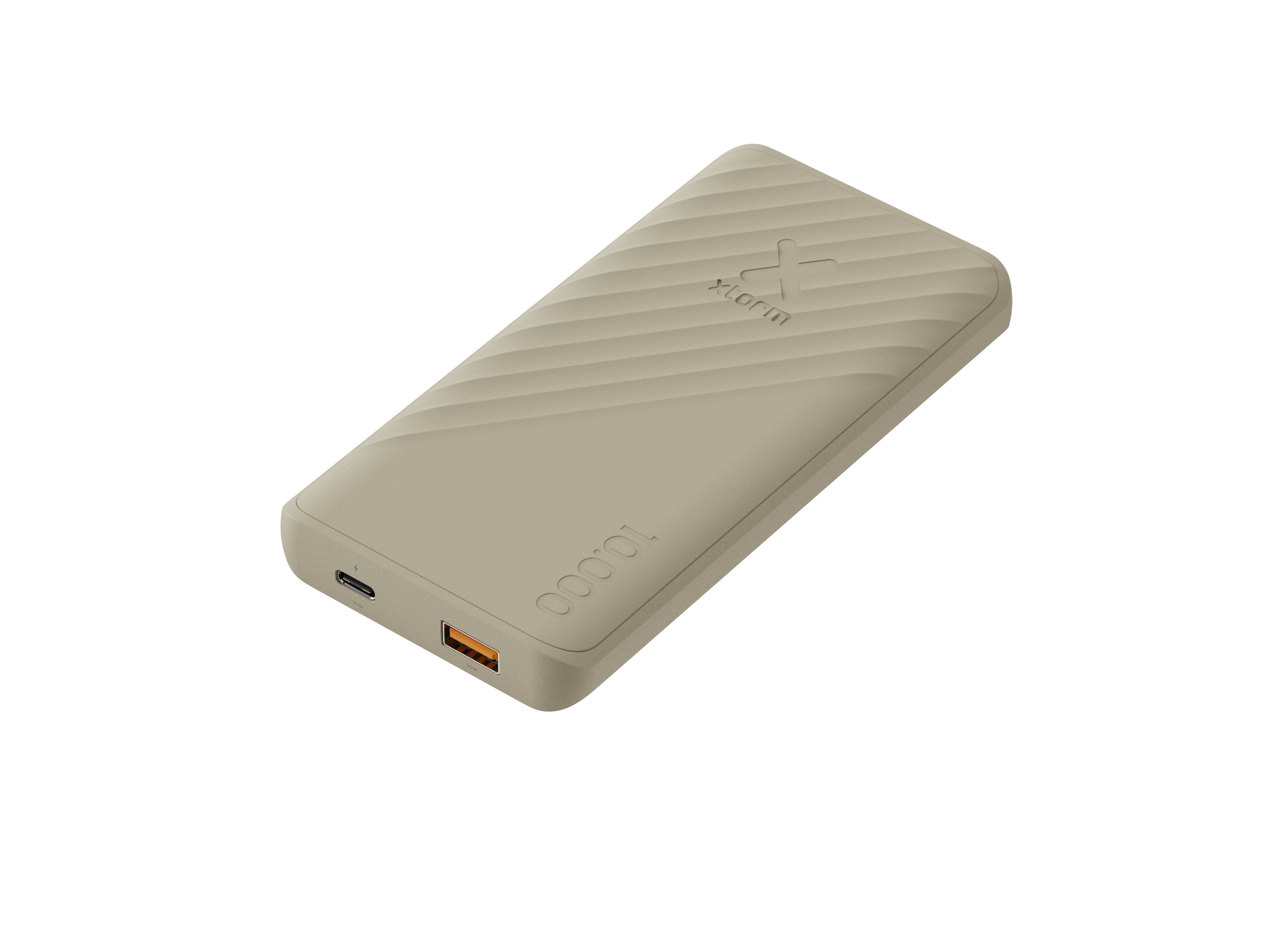 Une batterie externe beige avec la marque 'x-storm'. Elle a un port USB et un port USB-C. Le fond est blanc.
