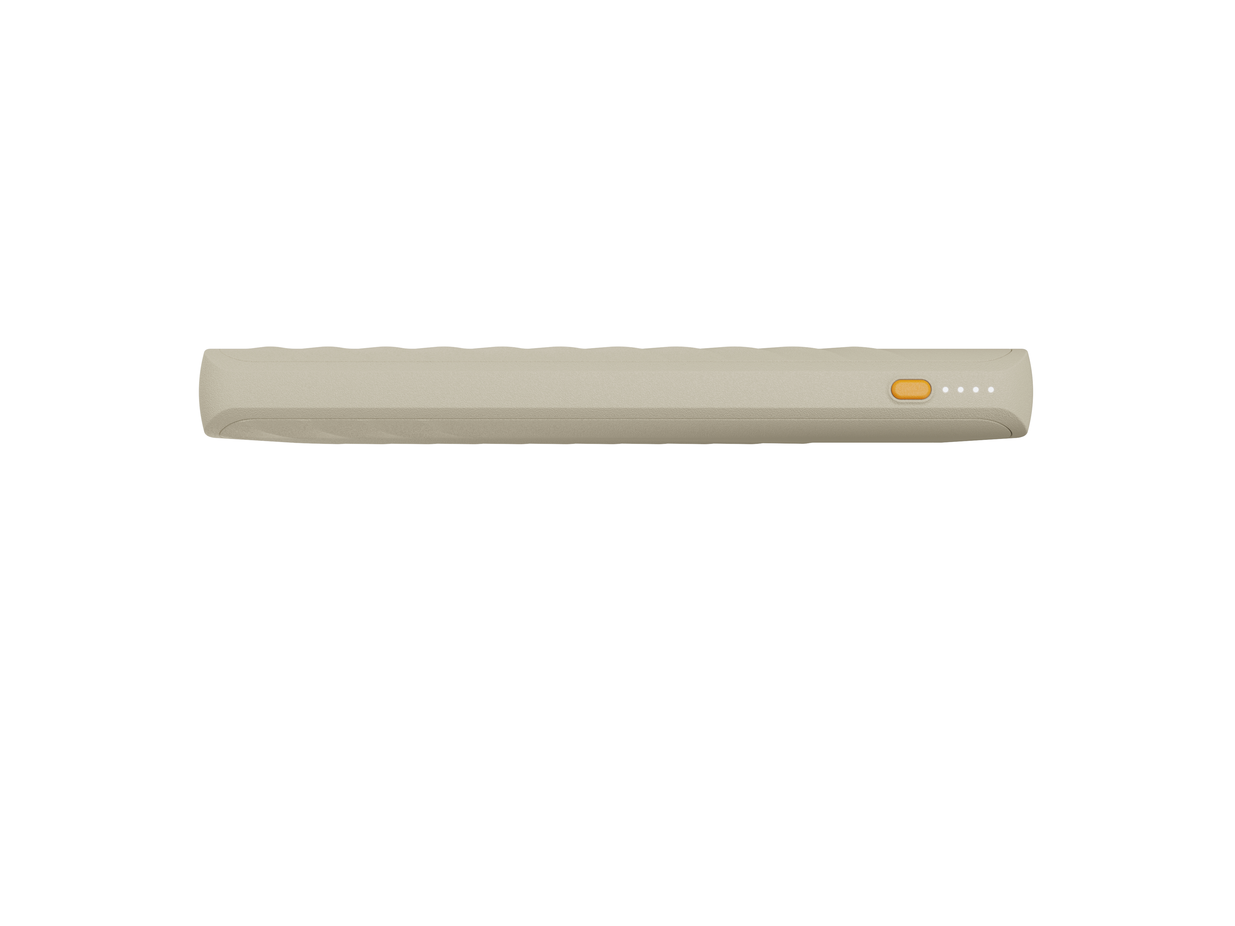 Un appareil rectangulaire beige avec un bouton orange et quatre voyants blancs sur fond blanc.
