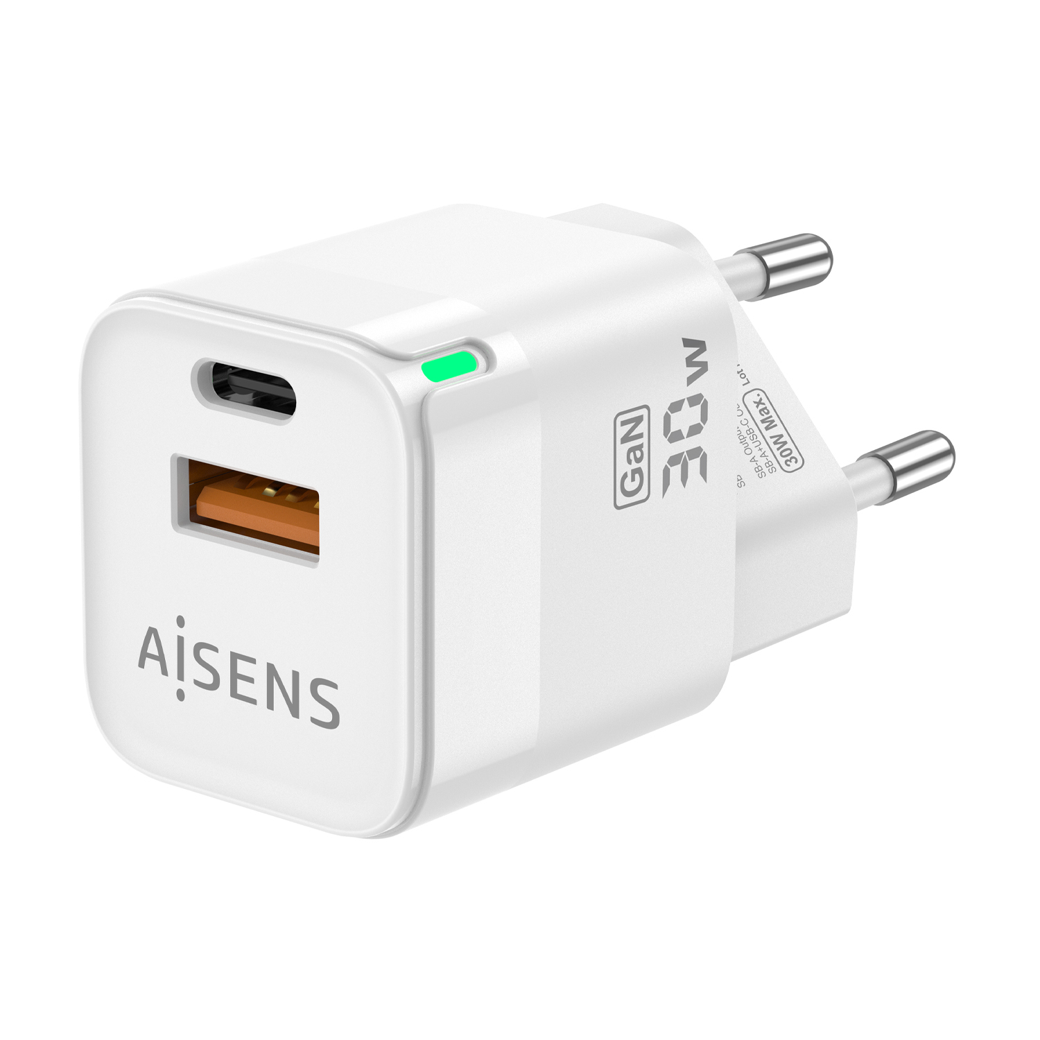 Cargador blanco con puertos USB y USB-C. Tiene una potencia de 30W y la marca 'AISENS' es visible.