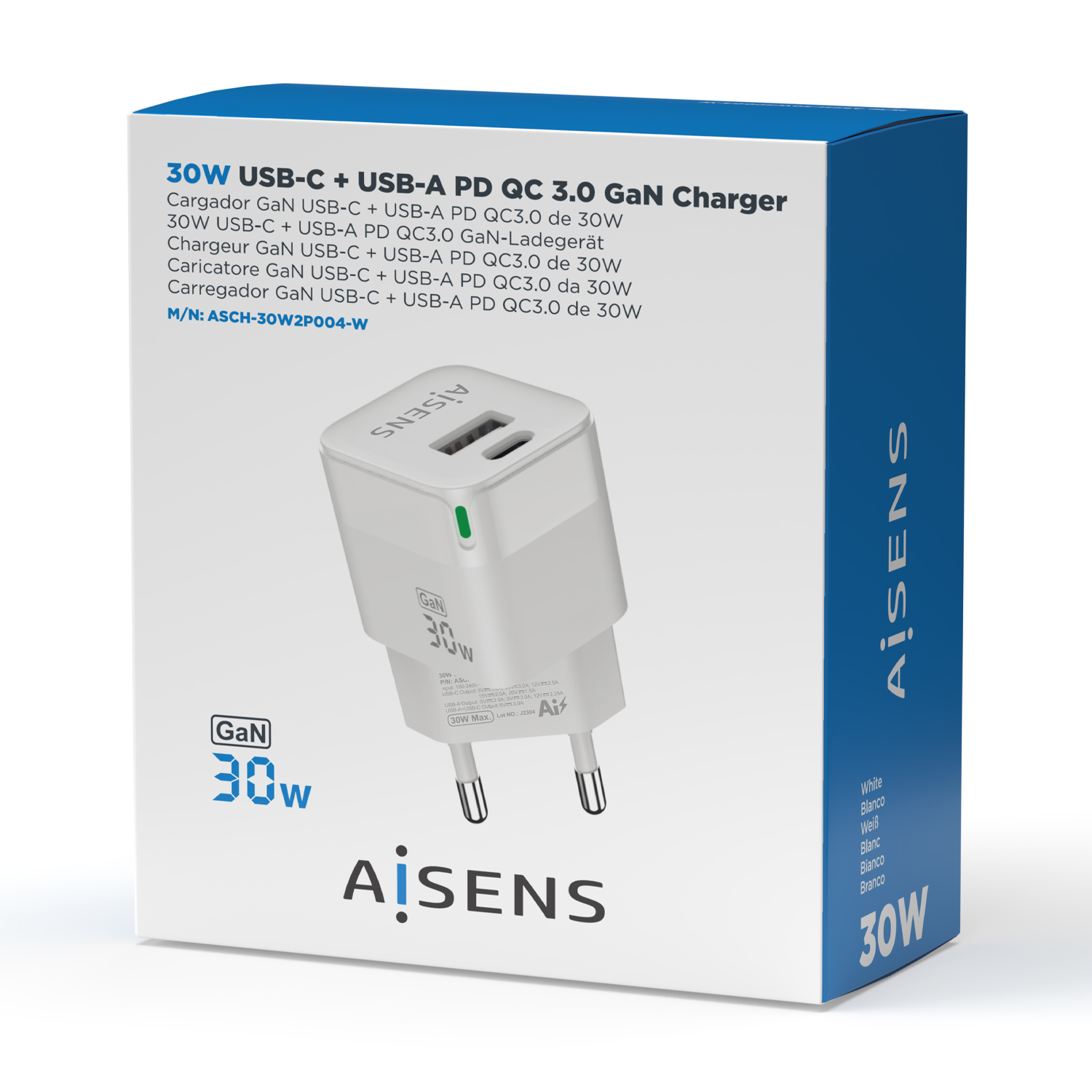 Una caja blanca y azul con un cargador de 30W. El texto en la caja incluye 'AiSens' y especificaciones del cargador.