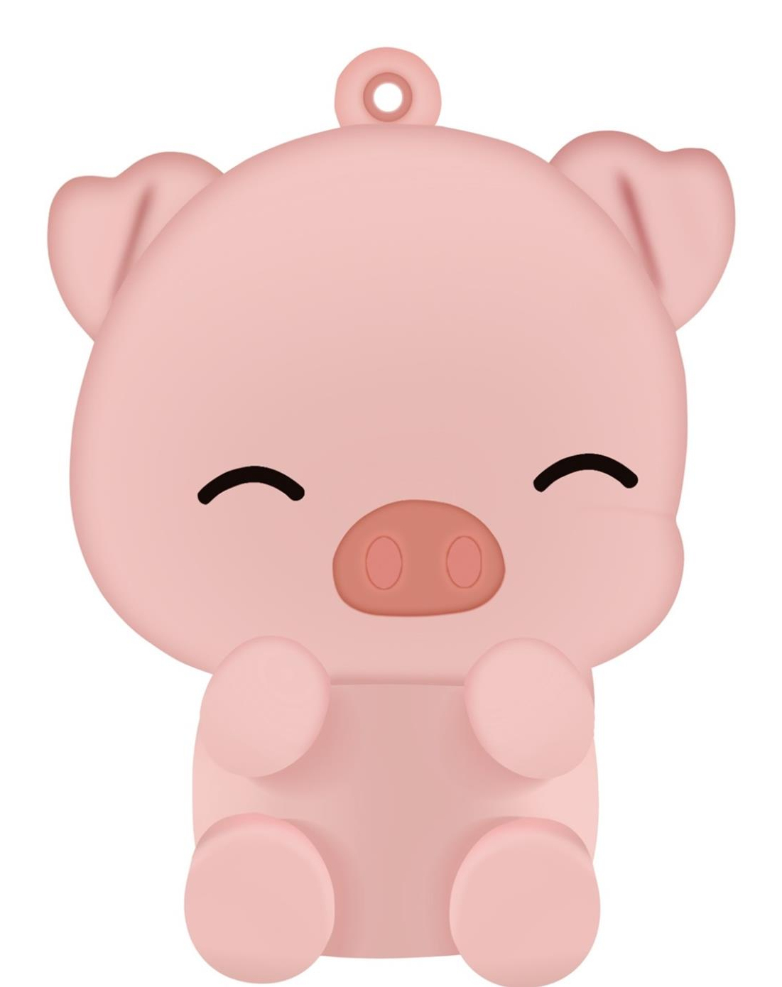 Un simpatico giocattolo a forma di maiale rosa con un viso sorridente e occhi chiusi. Ha piccole orecchie, naso tondo e piccole braccia e gambe.