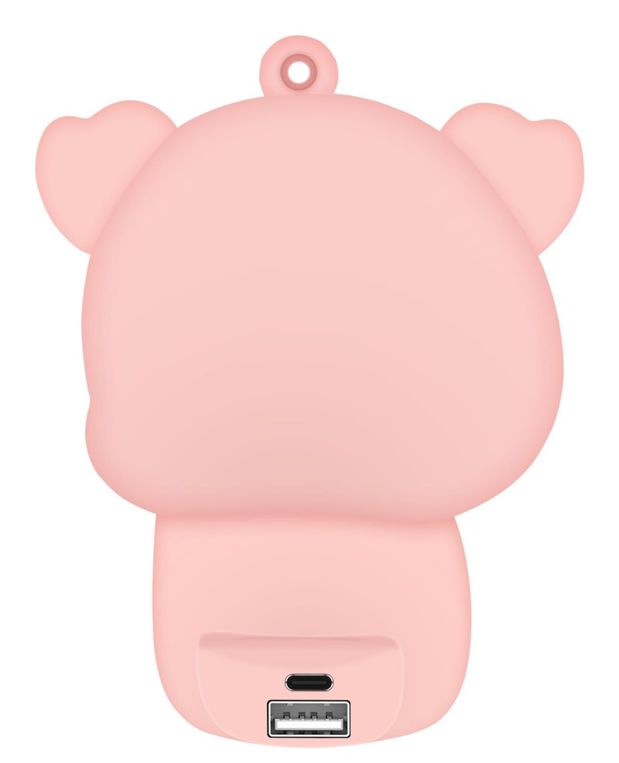Un caricatore USB a forma di orso rosa, con porta USB in basso e anello in alto.
