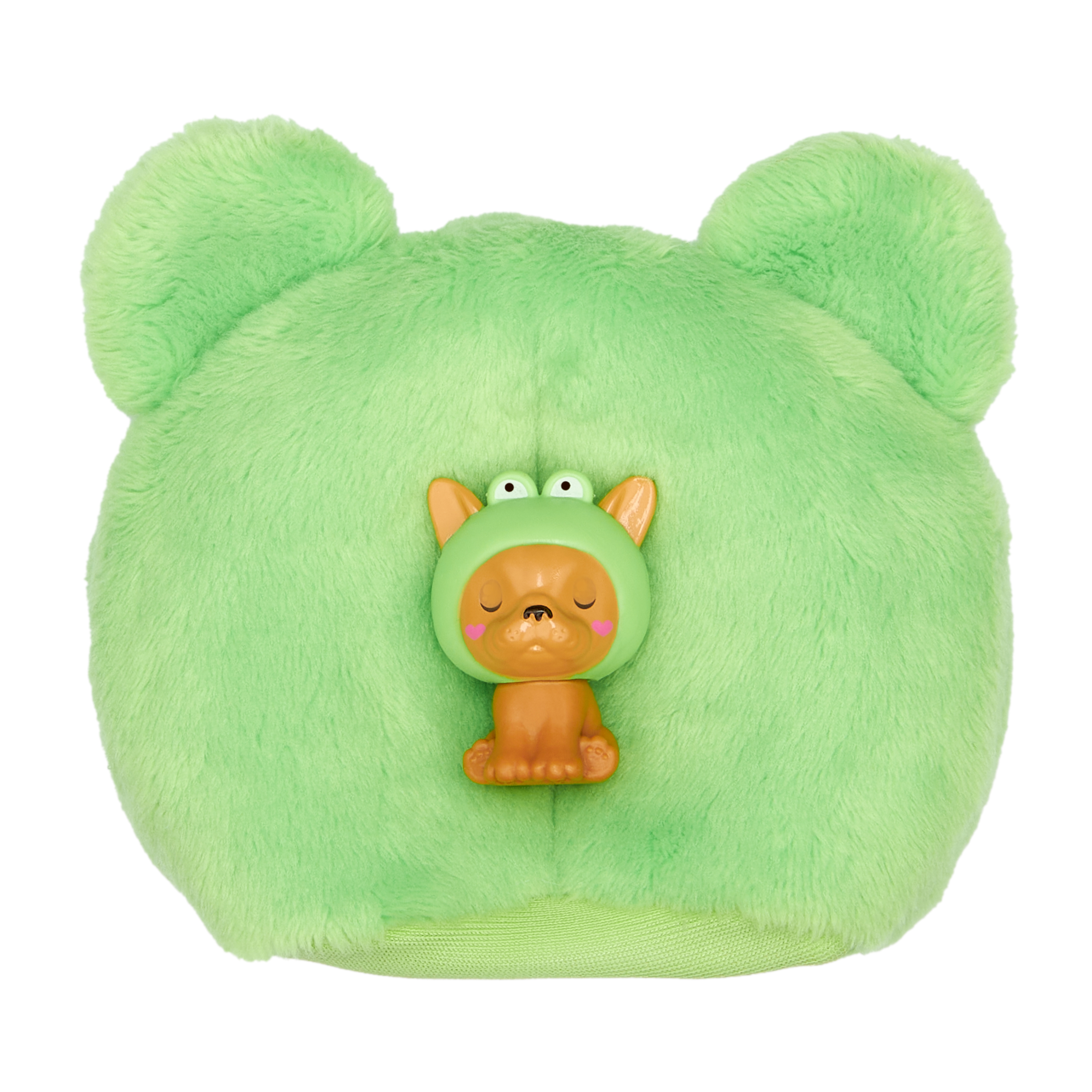 Ein grünes, kissenförmiges Plüschtier in Bärenform mit einem Spielzeughund mit Froschhut.