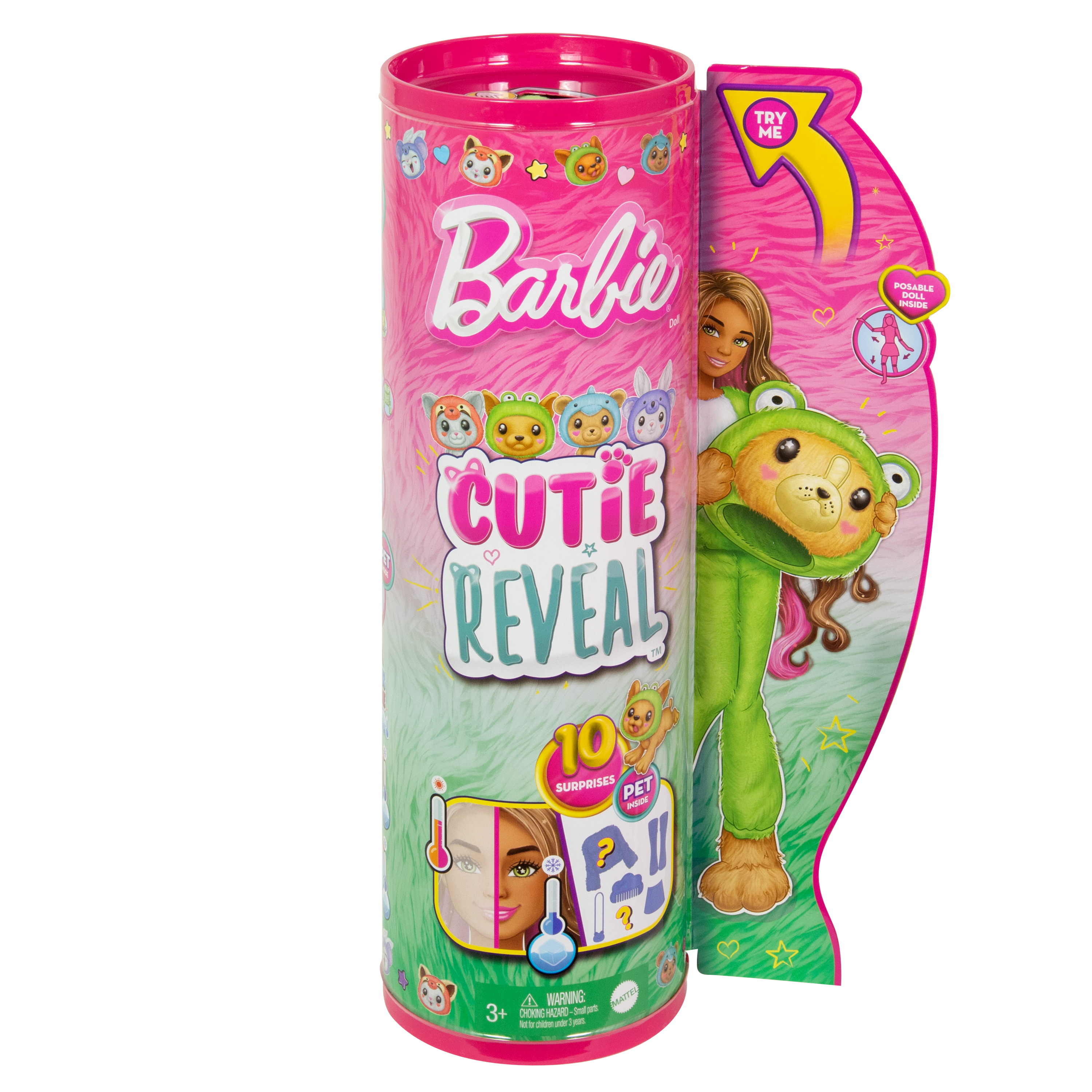 Barbie Cutie Reveal Puppenverpackung. Ein rosafarbener Zylinder mit Barbie-Branding und eine Puppe im Bärenkostüm.