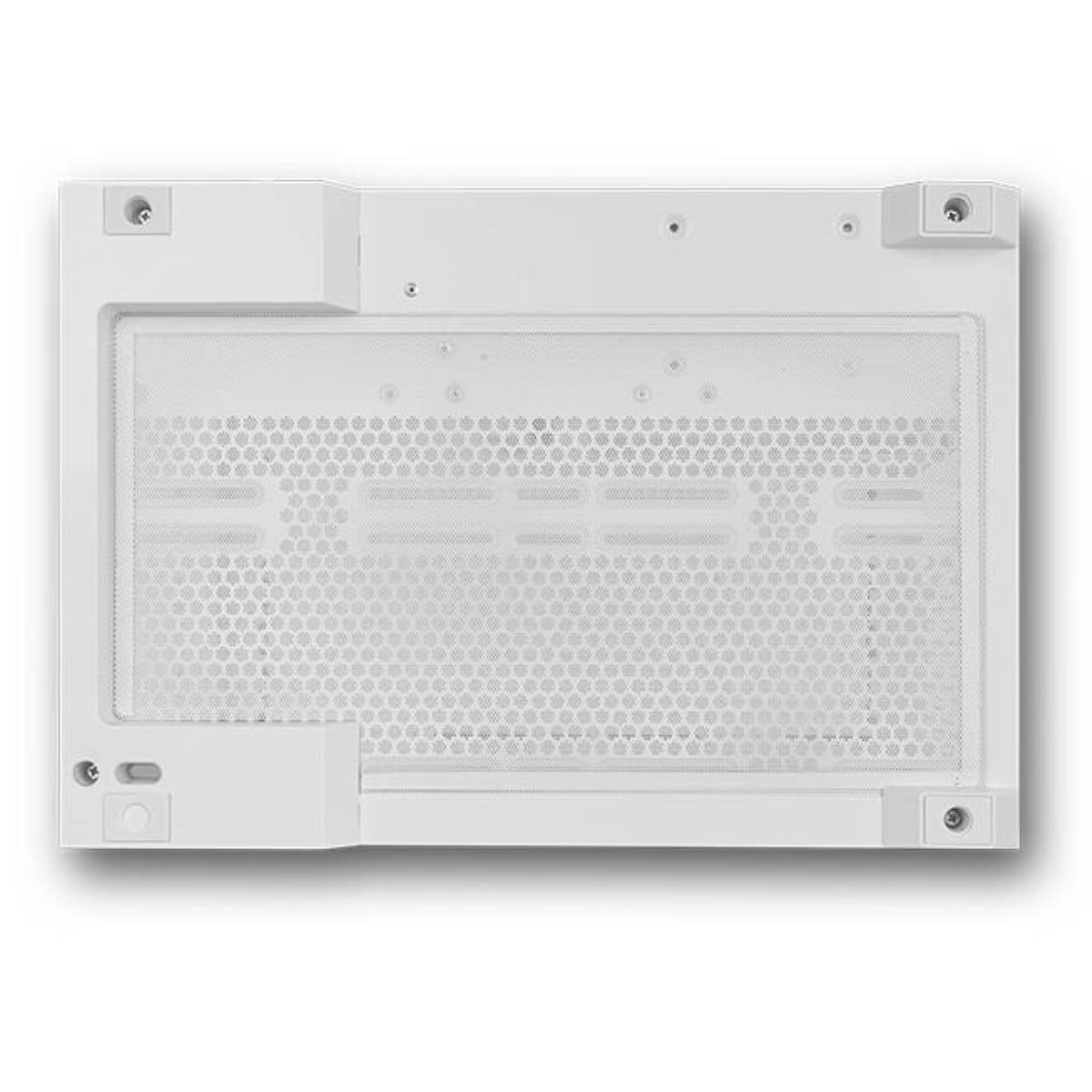 Ein weißes rechteckiges Computerteil mit einem perforierten Netzmittelteil. Es hat abgerundete Ecken, Schrauben und einen Schatten.