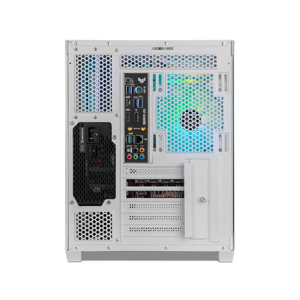 Rückseite eines weißen Computergehäuses mit sichtbaren Komponenten, einschließlich eines Motherboards, Anschlüssen und einem Lüfter.